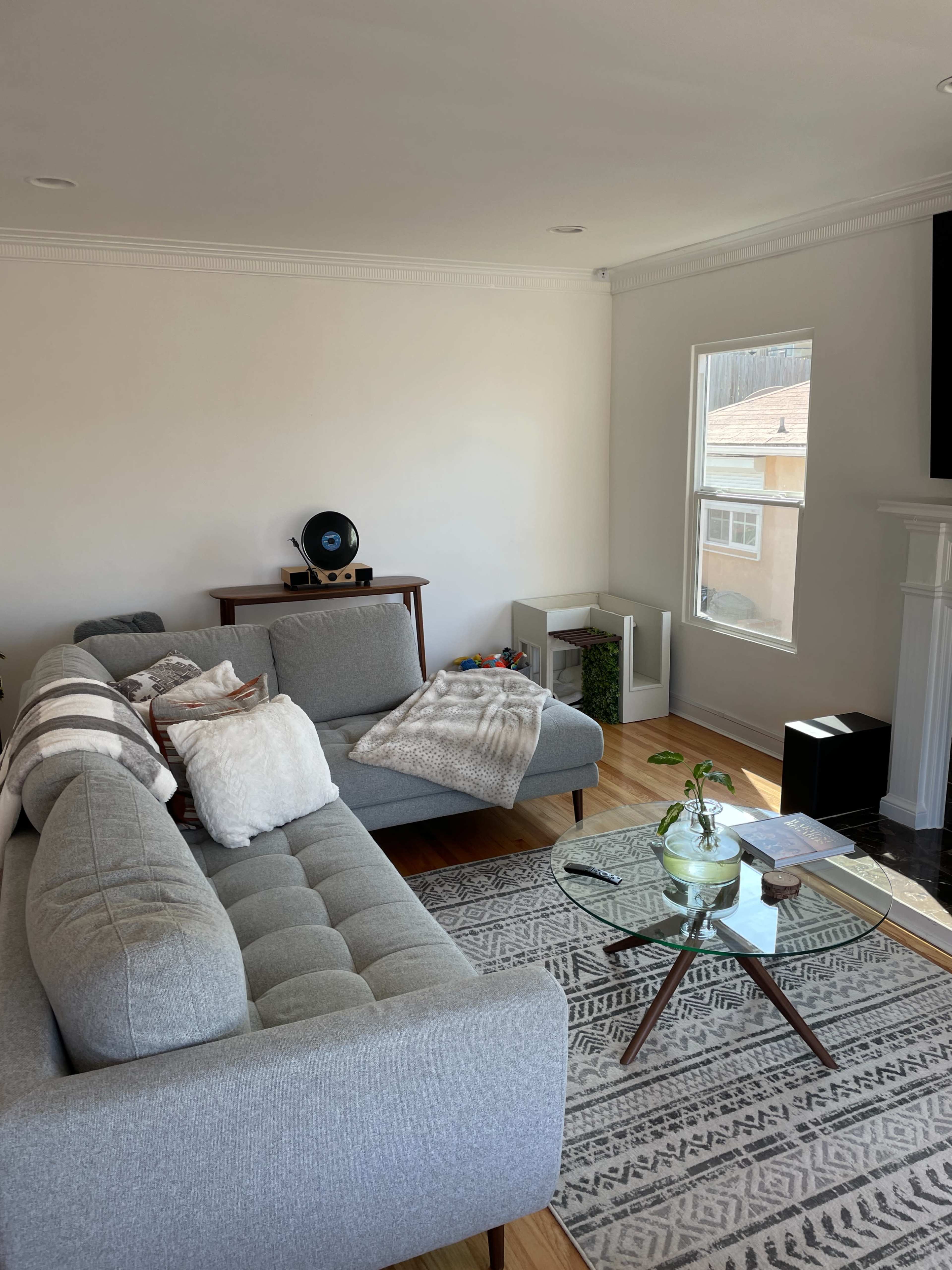 The image shows a modern living room featuring a gray sectional sofa, a glass coffee table with a small plant, a wooden side table, and a window letting in natural light.