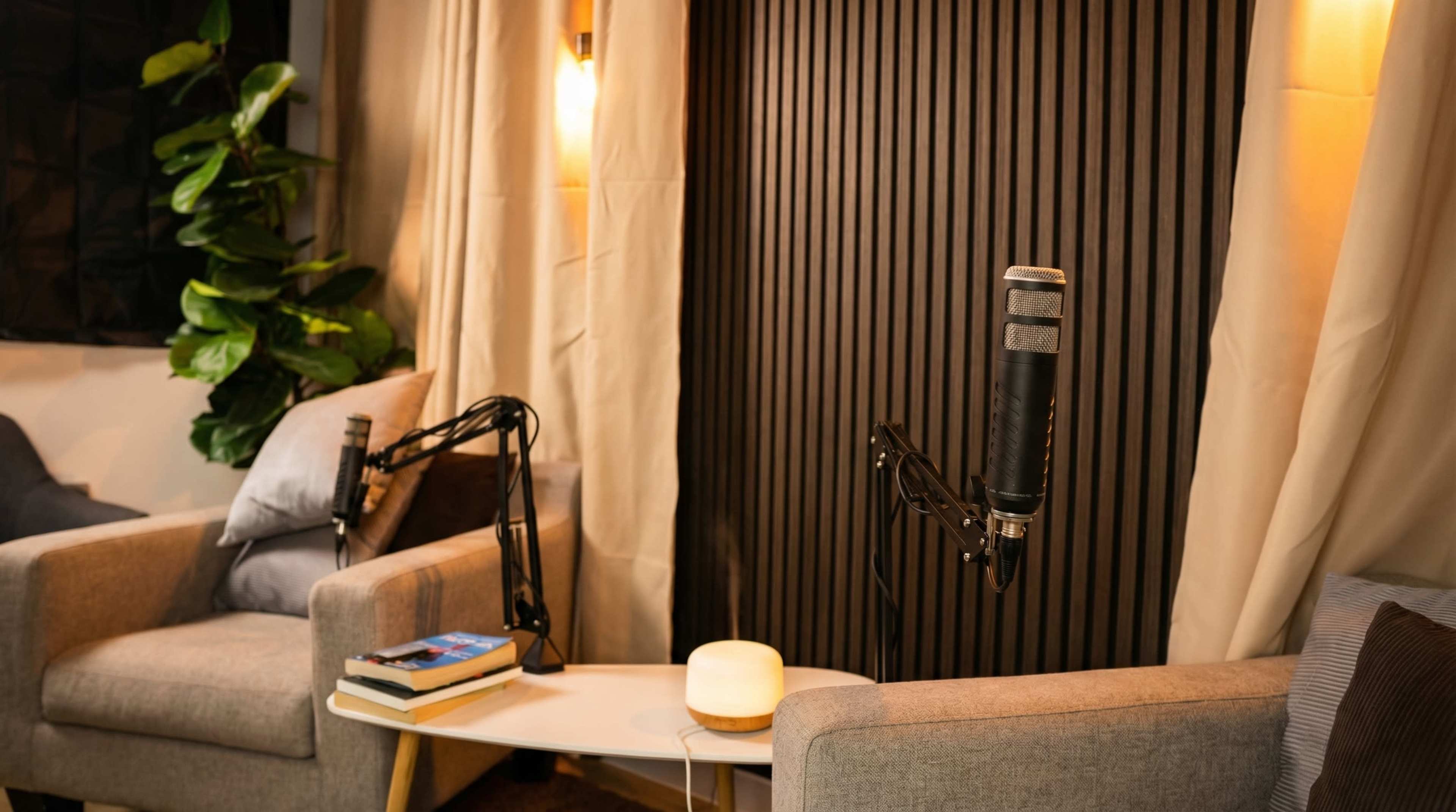 The image shows a cozy recording setup with two grey chairs, a small white table featuring a stack of books and a lamp, and two microphones mounted on stands against a wooden panel backdrop.