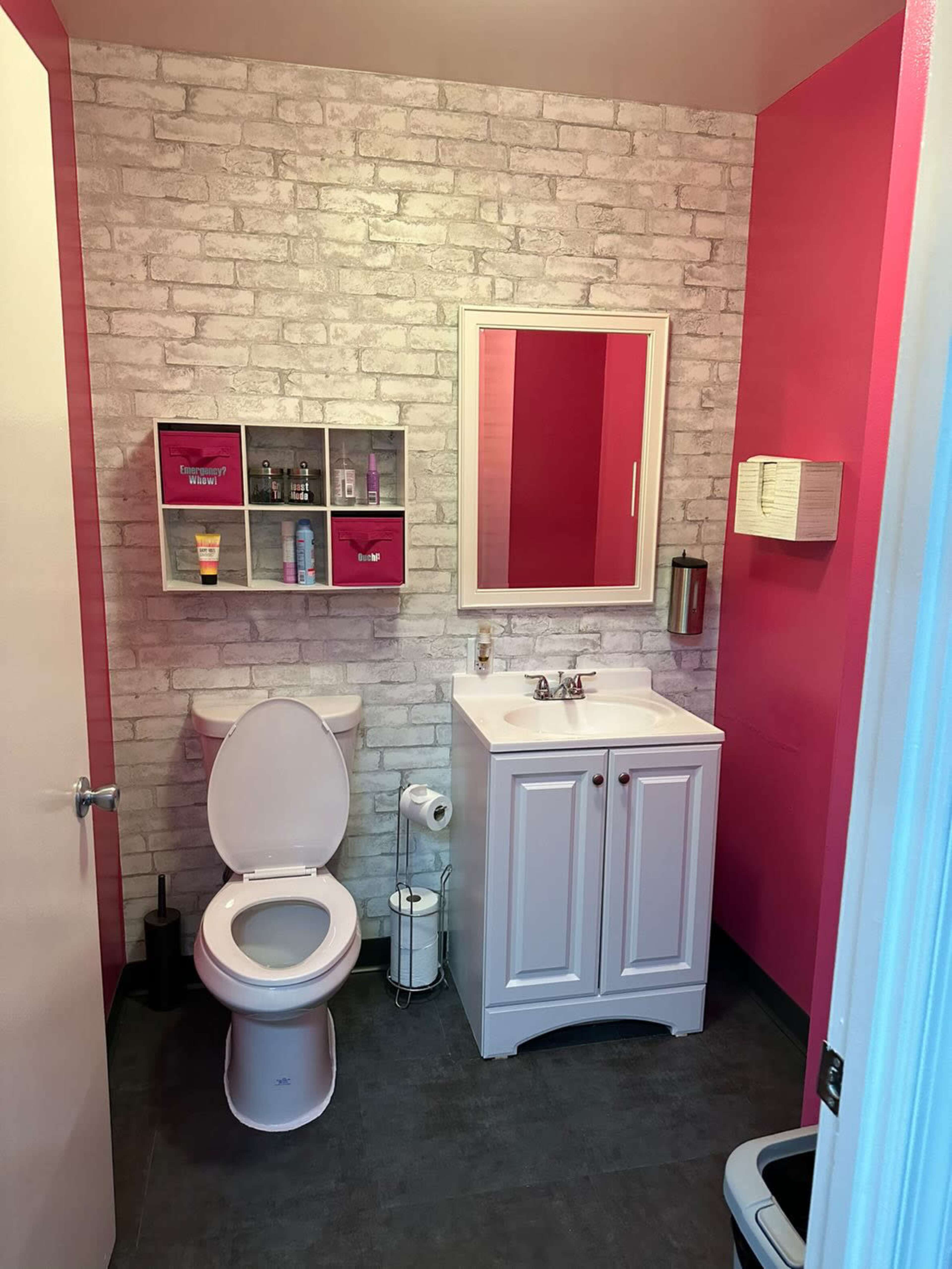 The image shows a bathroom featuring a white toilet, a white sink cabinet, a wall mirror, and pink accent walls with a brick design.