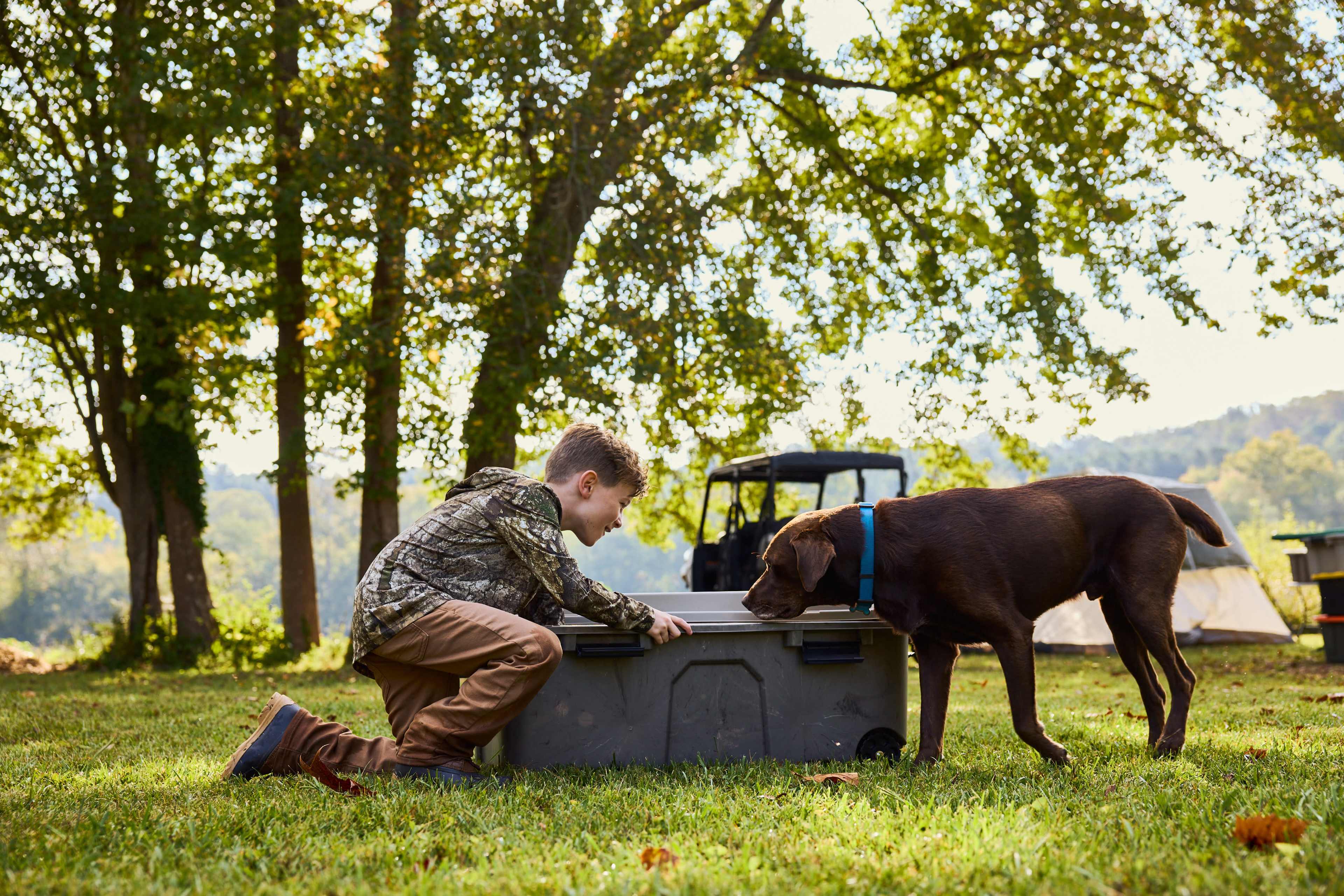 A boy in a camouflage jacket leans over a cooler while a brown dog stands nearby in a grassy outdoor setting.