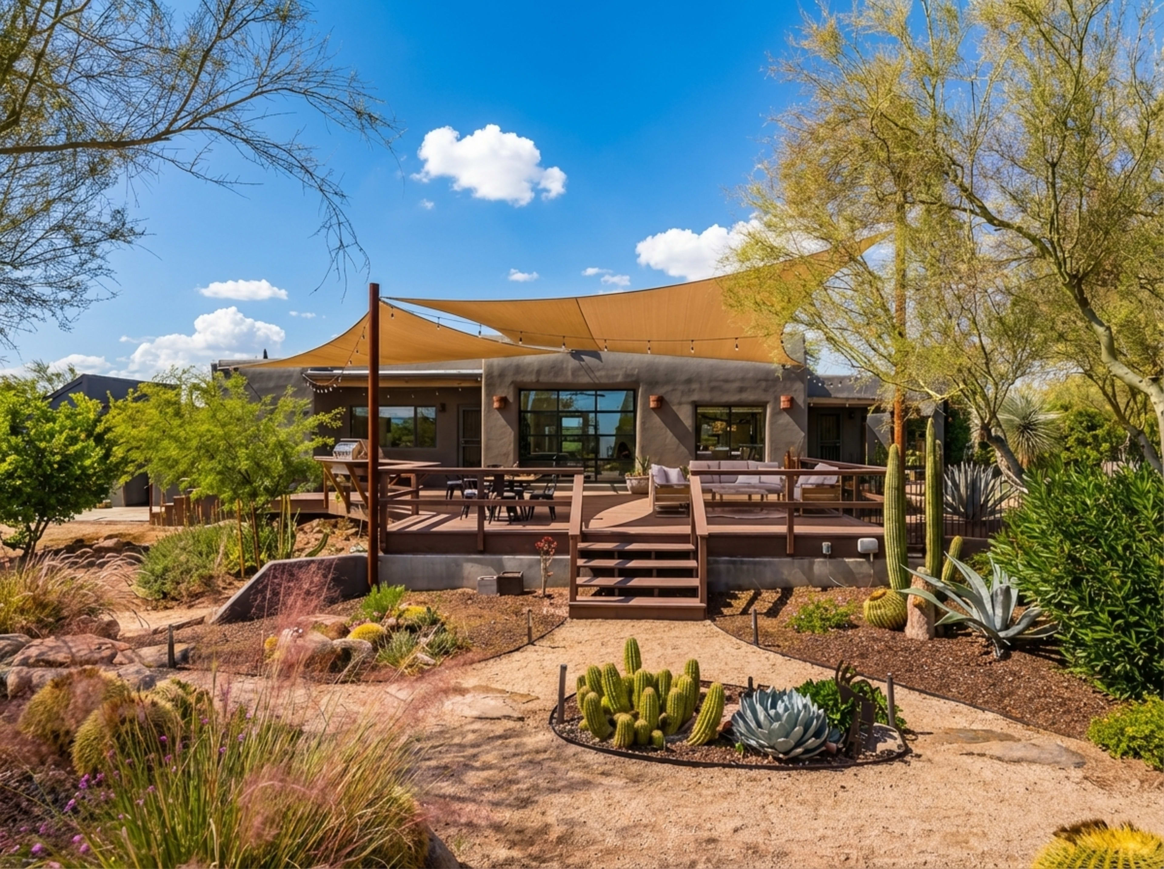 A modern, single-story home features a spacious wooden deck with shade sails, surrounded by desert landscaping and various succulents.