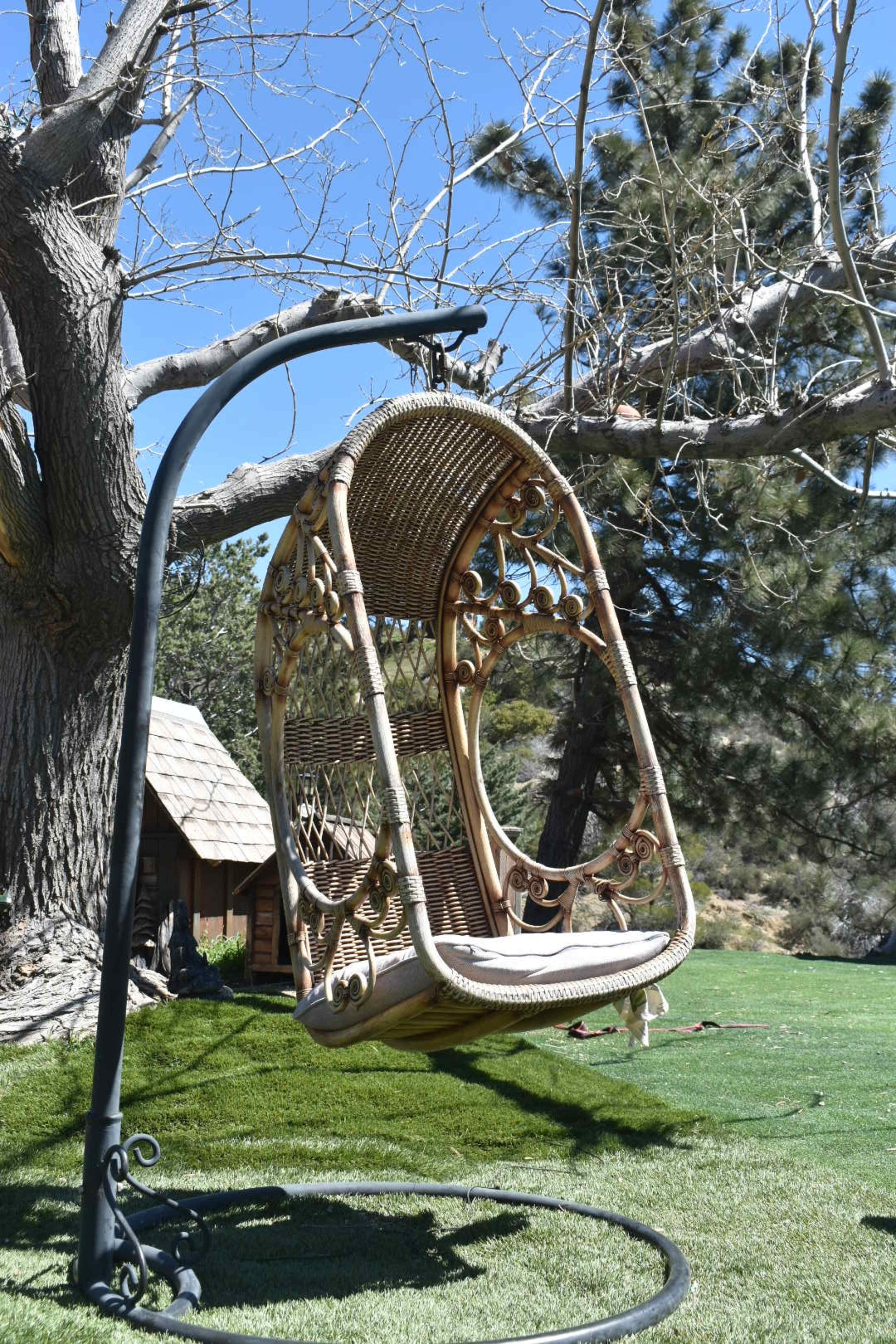 A wicker swing hangs from a metal frame near a bare tree in a grassy area.