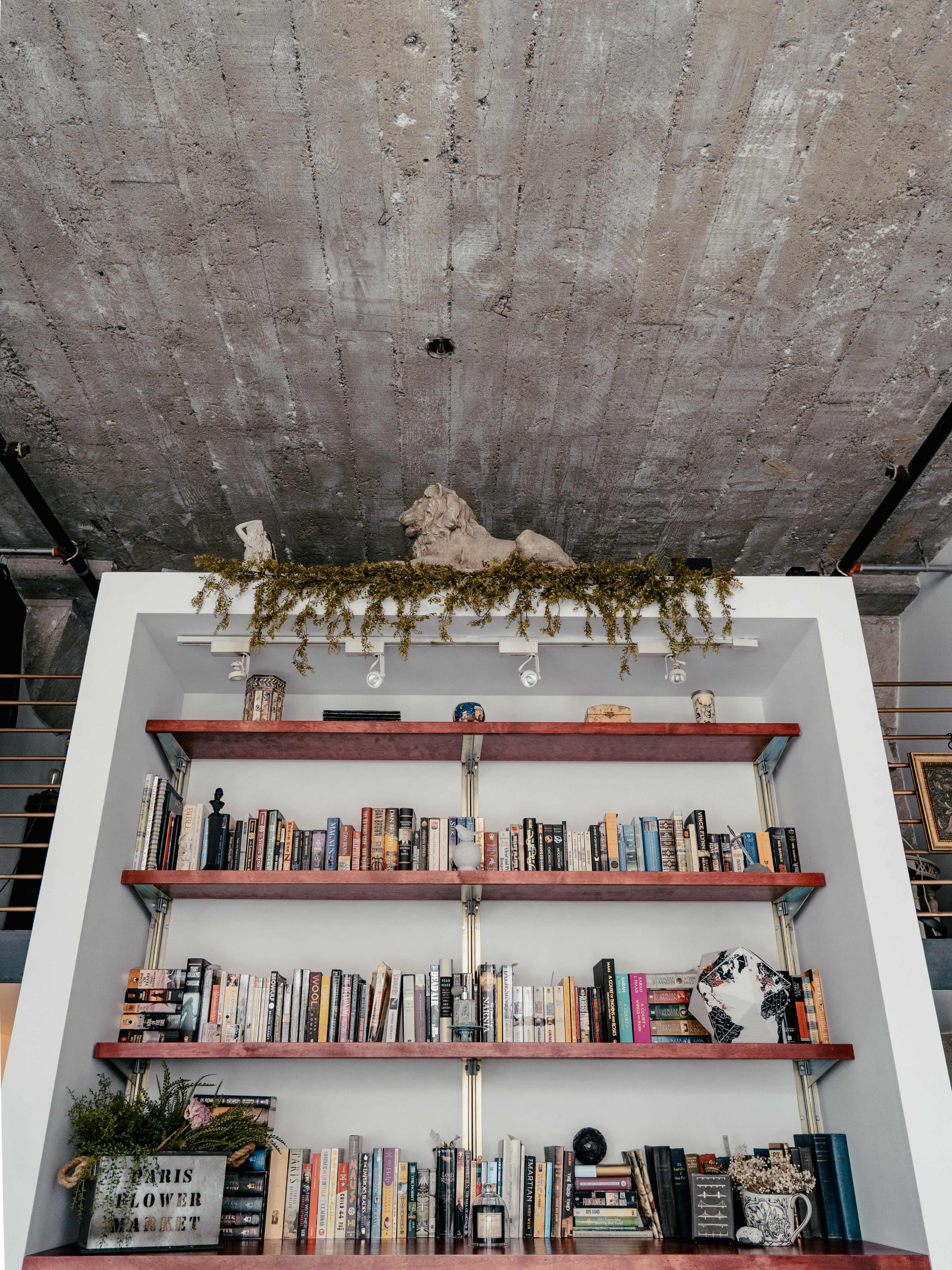 A tall bookshelf filled with various books and decorative items is set against a concrete wall, with greenery adorning the top.