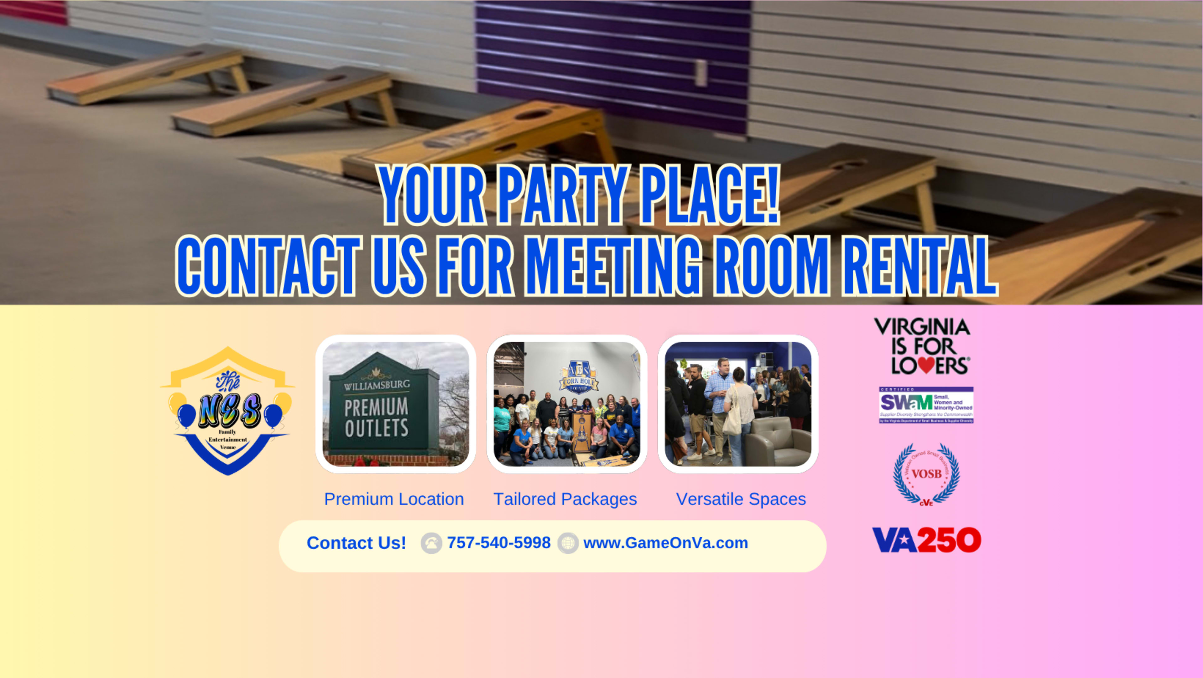 The image features a vibrant advertisement showcasing a party venue with information about meeting room rentals, including a contact number and details about tailored packages and versatile spaces.