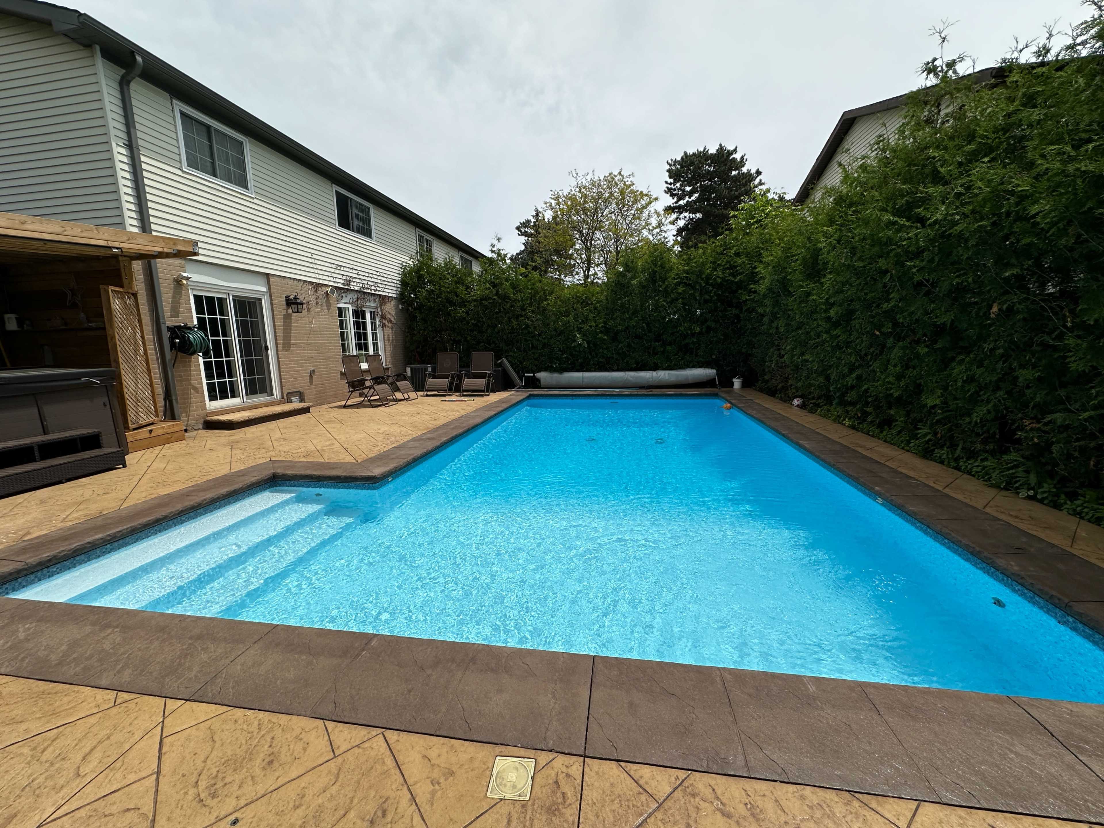 A rectangular swimming pool surrounded by a stone deck and bordered by tall hedges, with a house visible in the background.