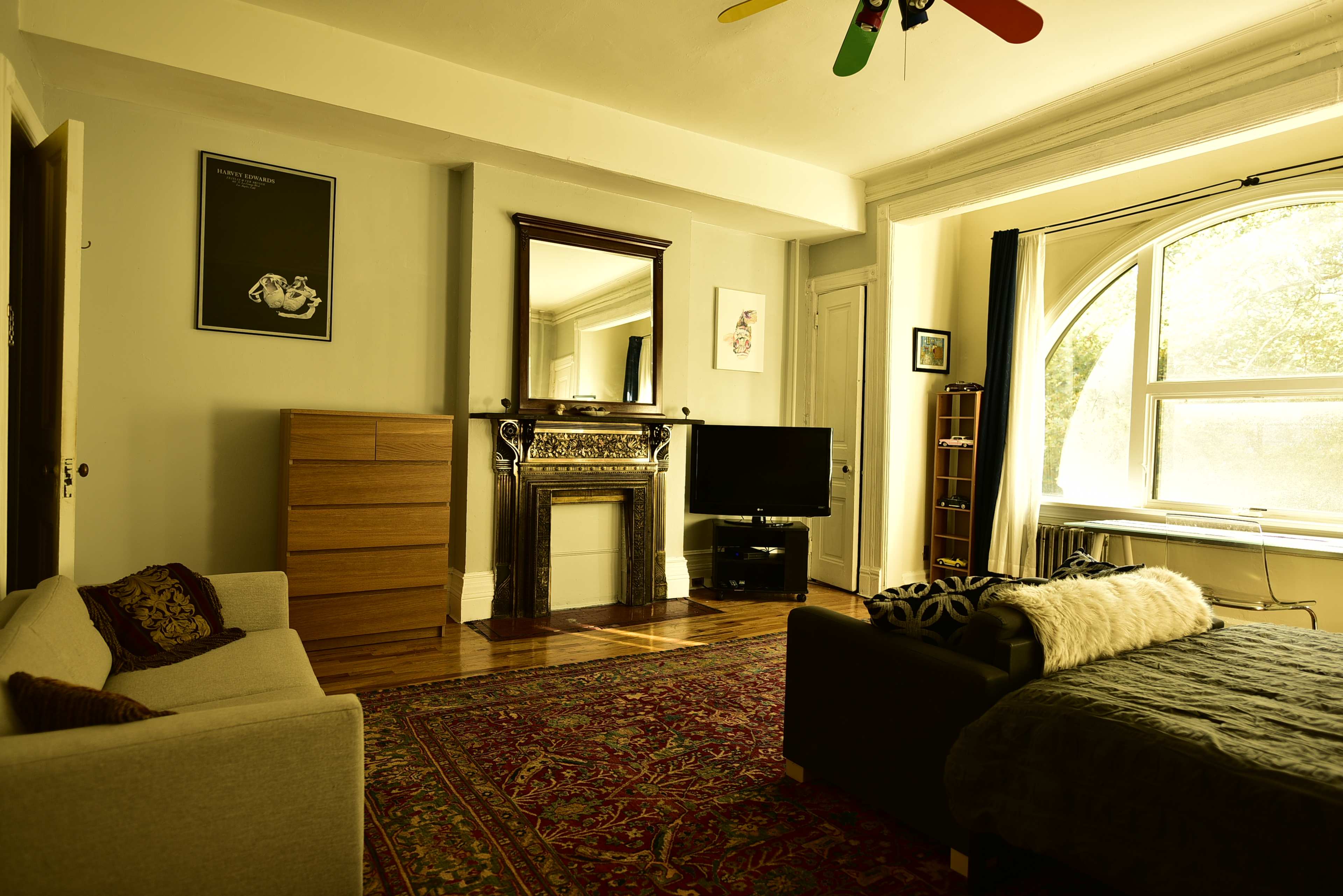 A spacious room featuring a bed, a sofa, a television, a fireplace, a large window, and a colorful ceiling fan.