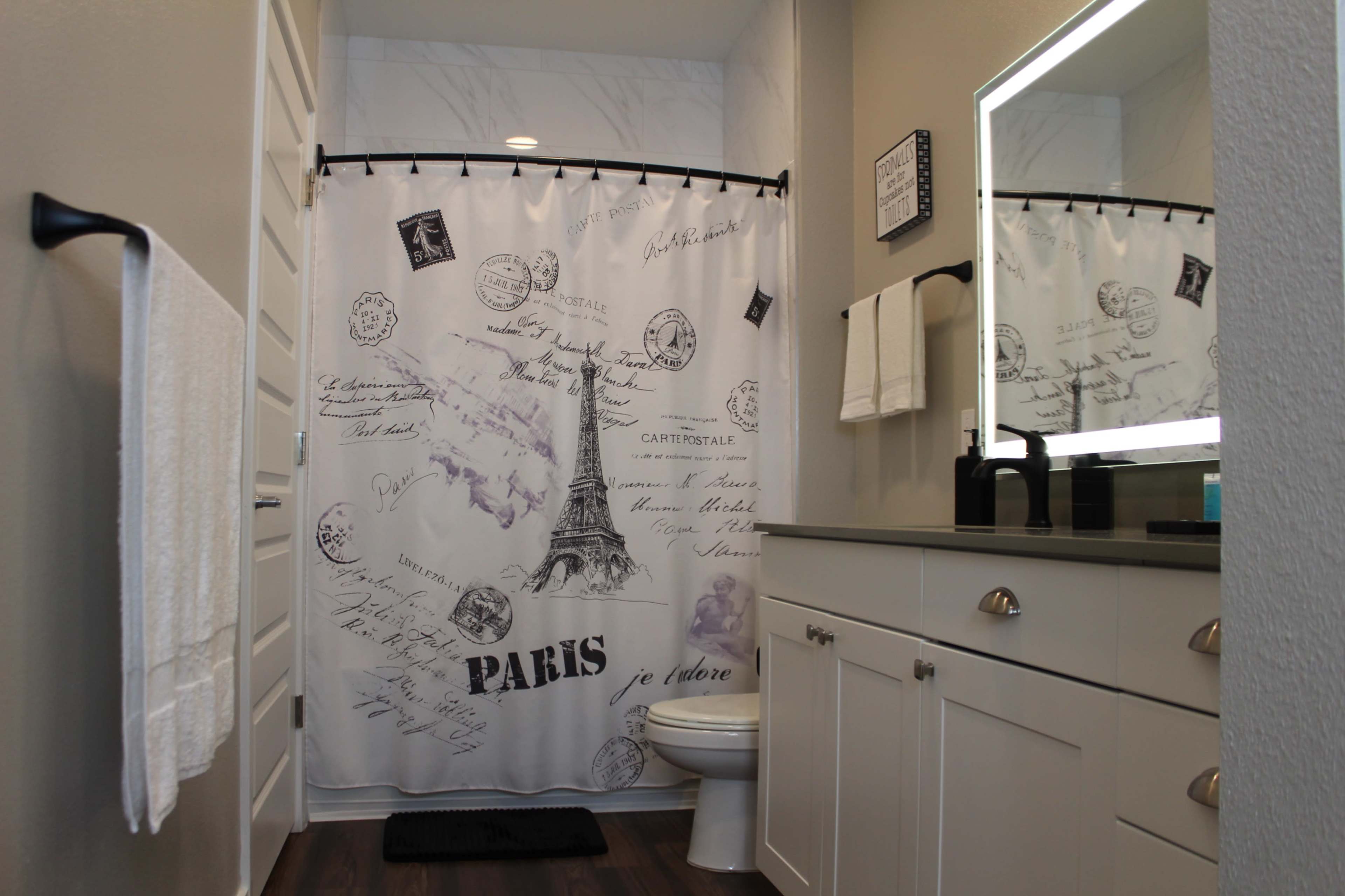 A bathroom features a shower curtain with Paris-themed designs, including an Eiffel Tower illustration and various stamps, along with a modern mirror and sink.