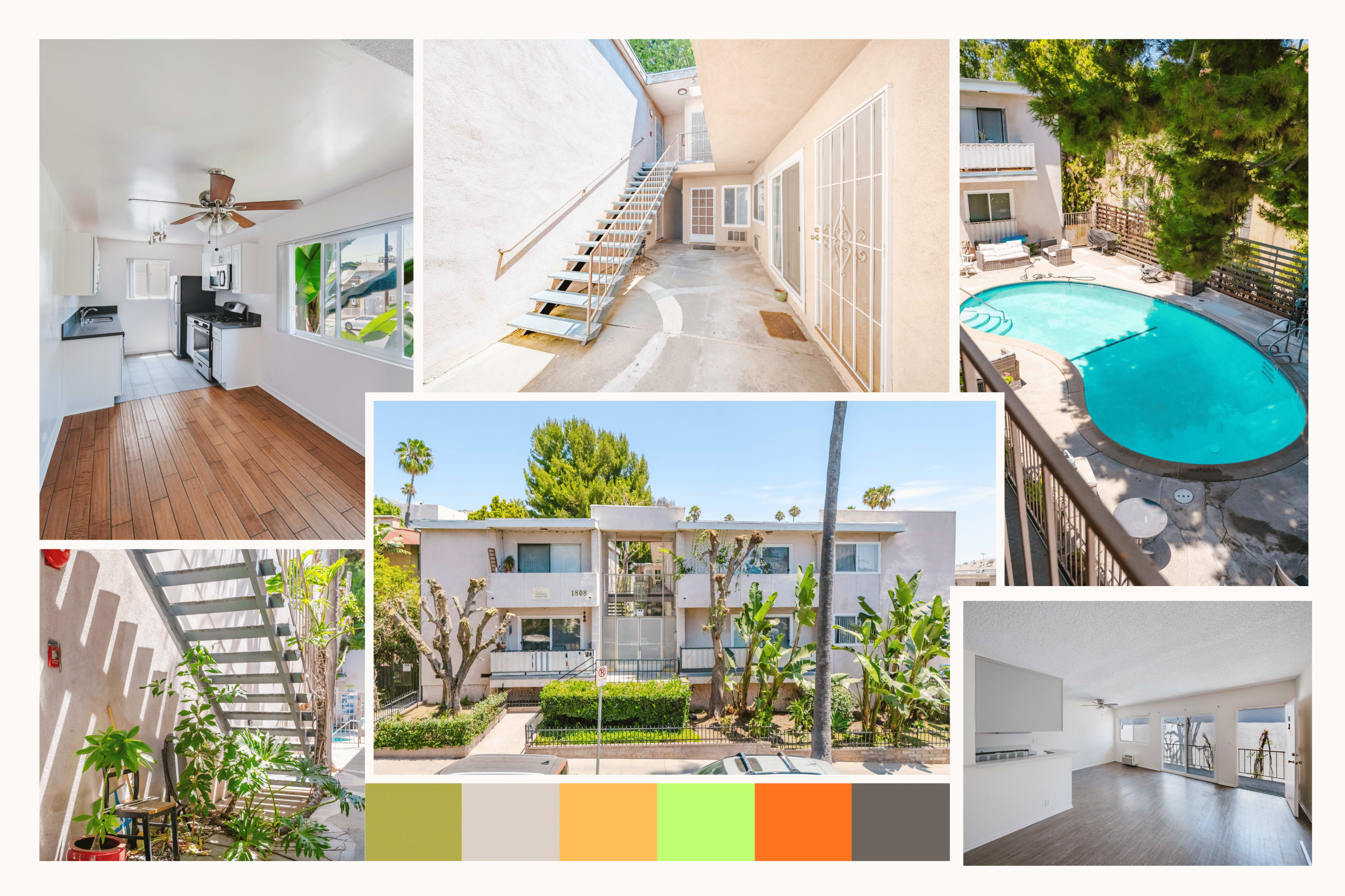 The image collage showcases a residential property featuring various scenes, including a kitchen, pool area, stairwell, and courtyard surrounded by greenery.