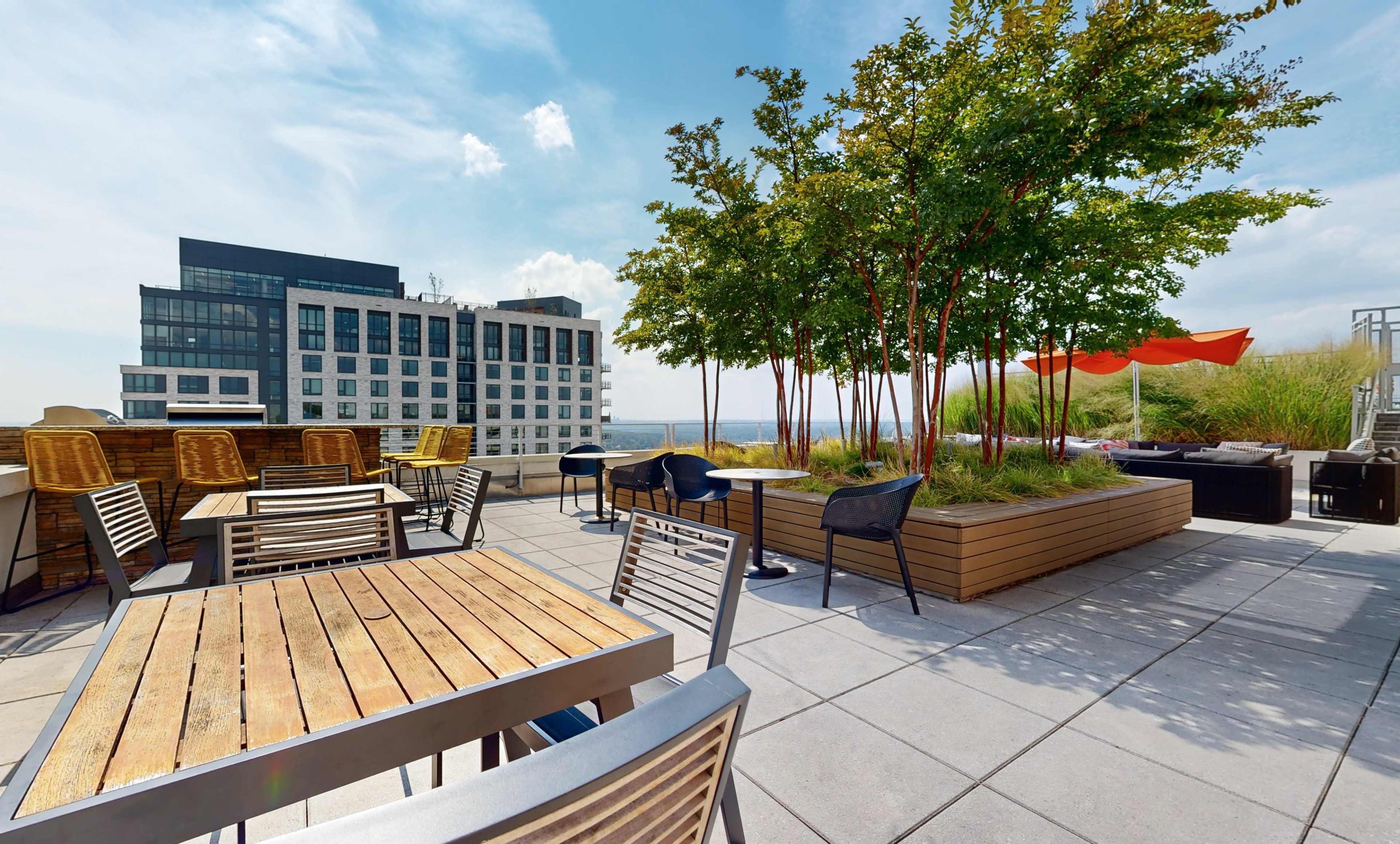 The image shows a rooftop terrace with wooden tables, chairs, and planters featuring small trees, alongside a modern building and a clear sky.