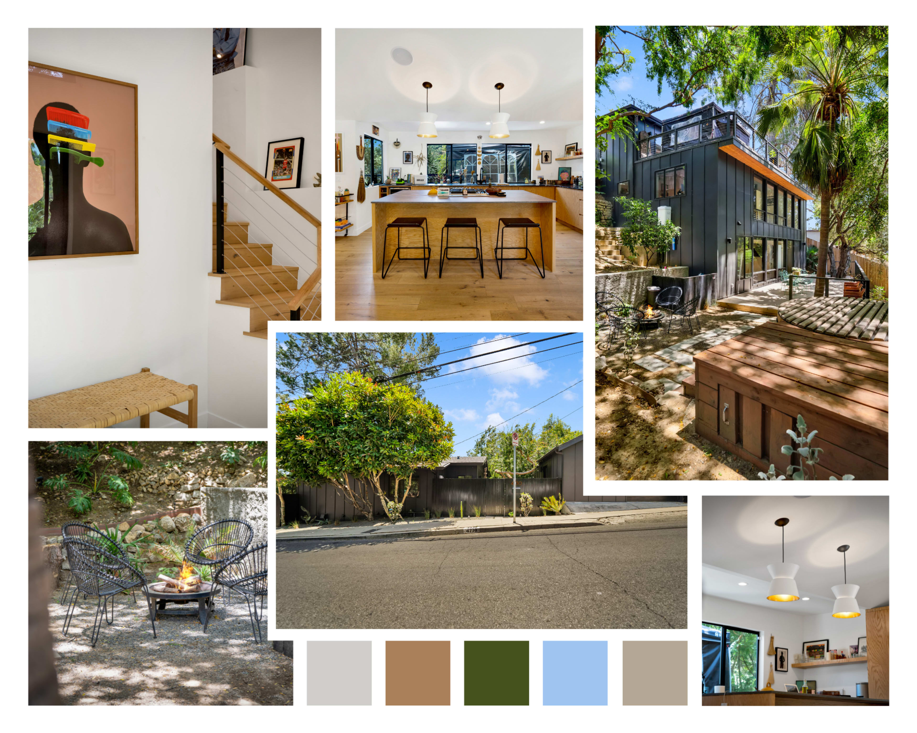 Features a contemporary home with a mix of interior and exterior scenes, including a modern kitchen with bar stools, a living area with artwork, a scenic outdoor seating area with a fire pit, and various views of landscaped surroundings.