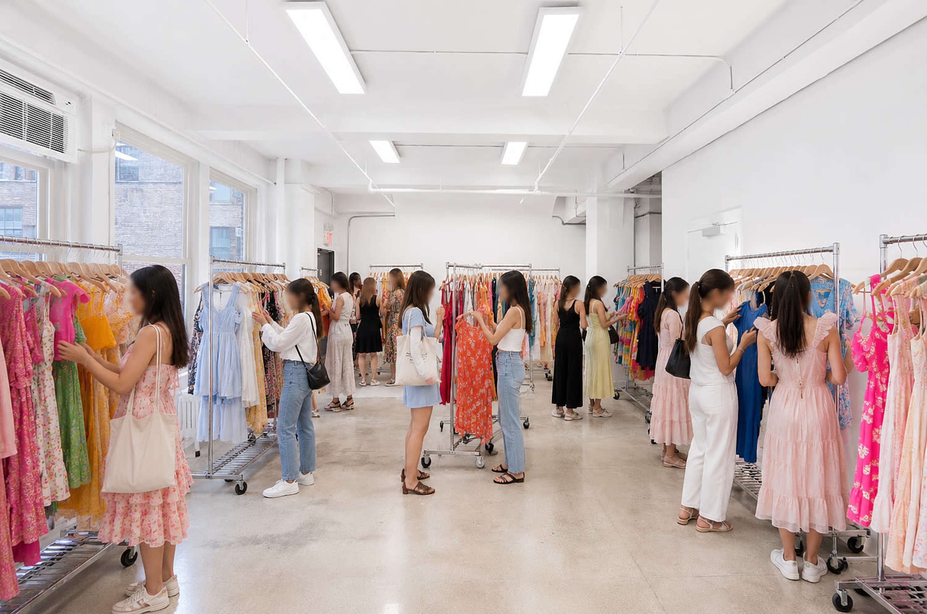 A bright, spacious clothing store features multiple racks of dresses, with numerous women browsing through the selections.