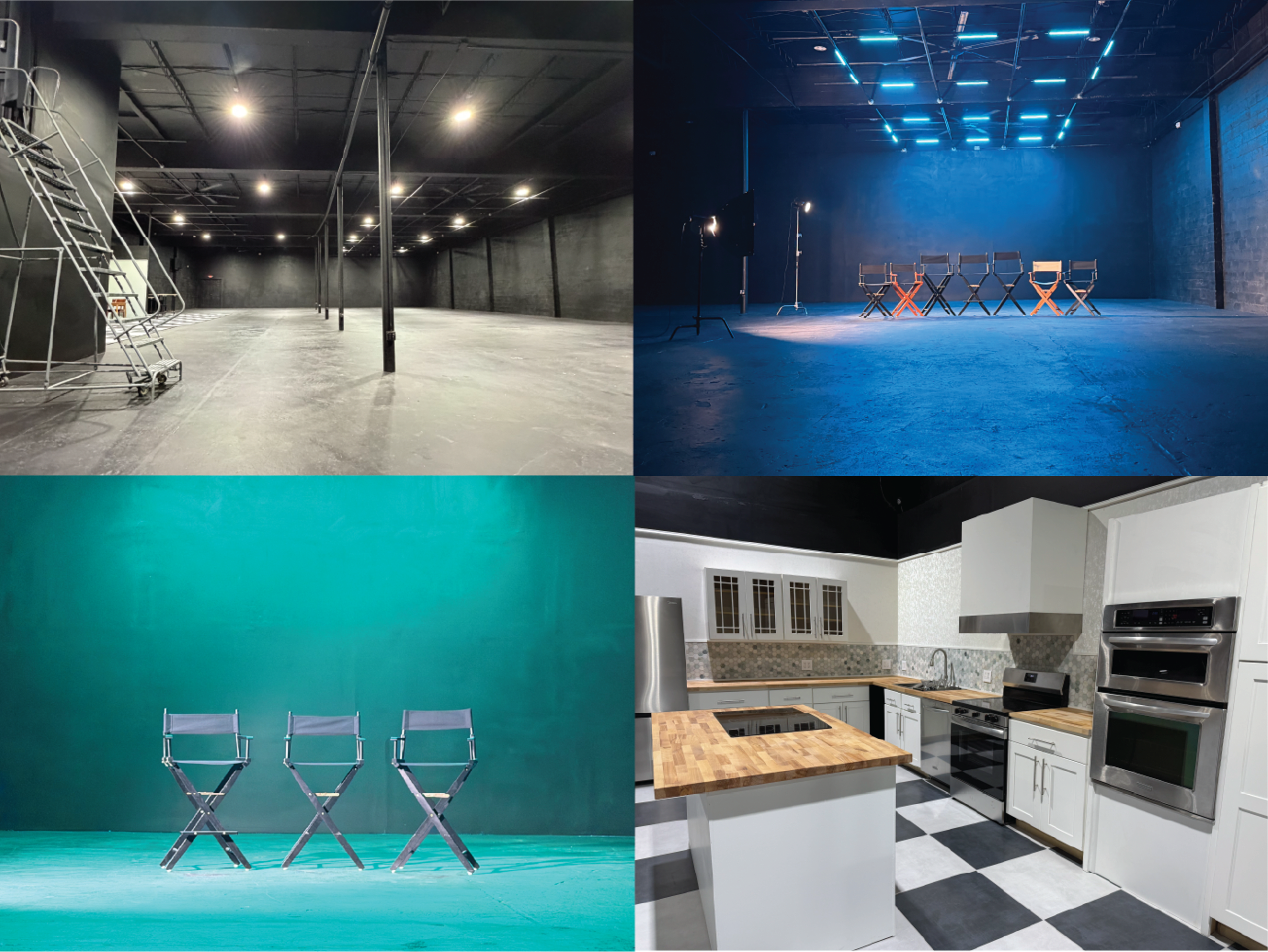 The image displays four separate indoor spaces: an empty studio with overhead lights, a set with director's chairs under blue lights, a plain background with chairs, and a modern kitchen setup.