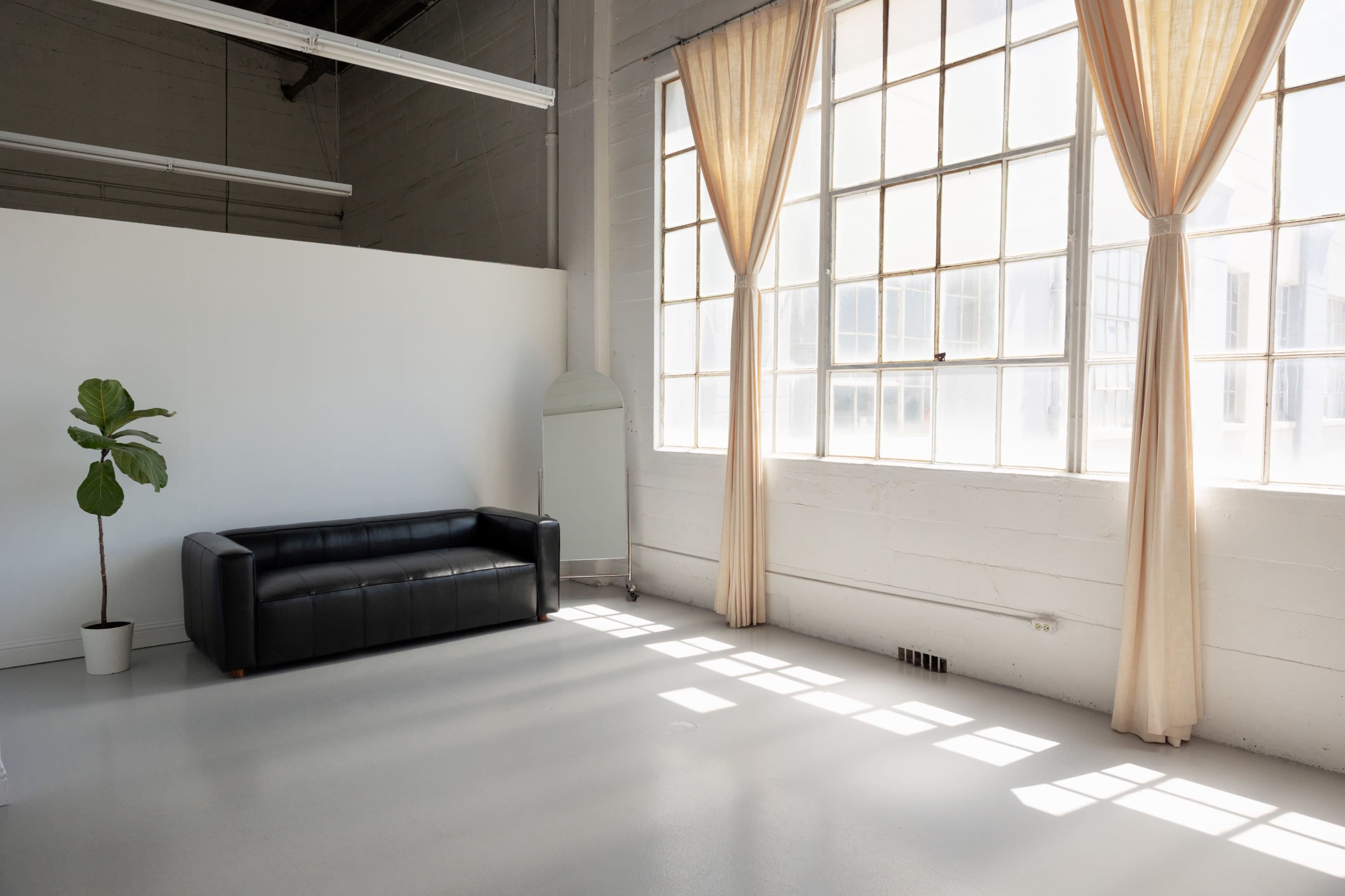 The image shows a minimalist interior with a black couch, a potted plant, and large windows adorned with sheer curtains.