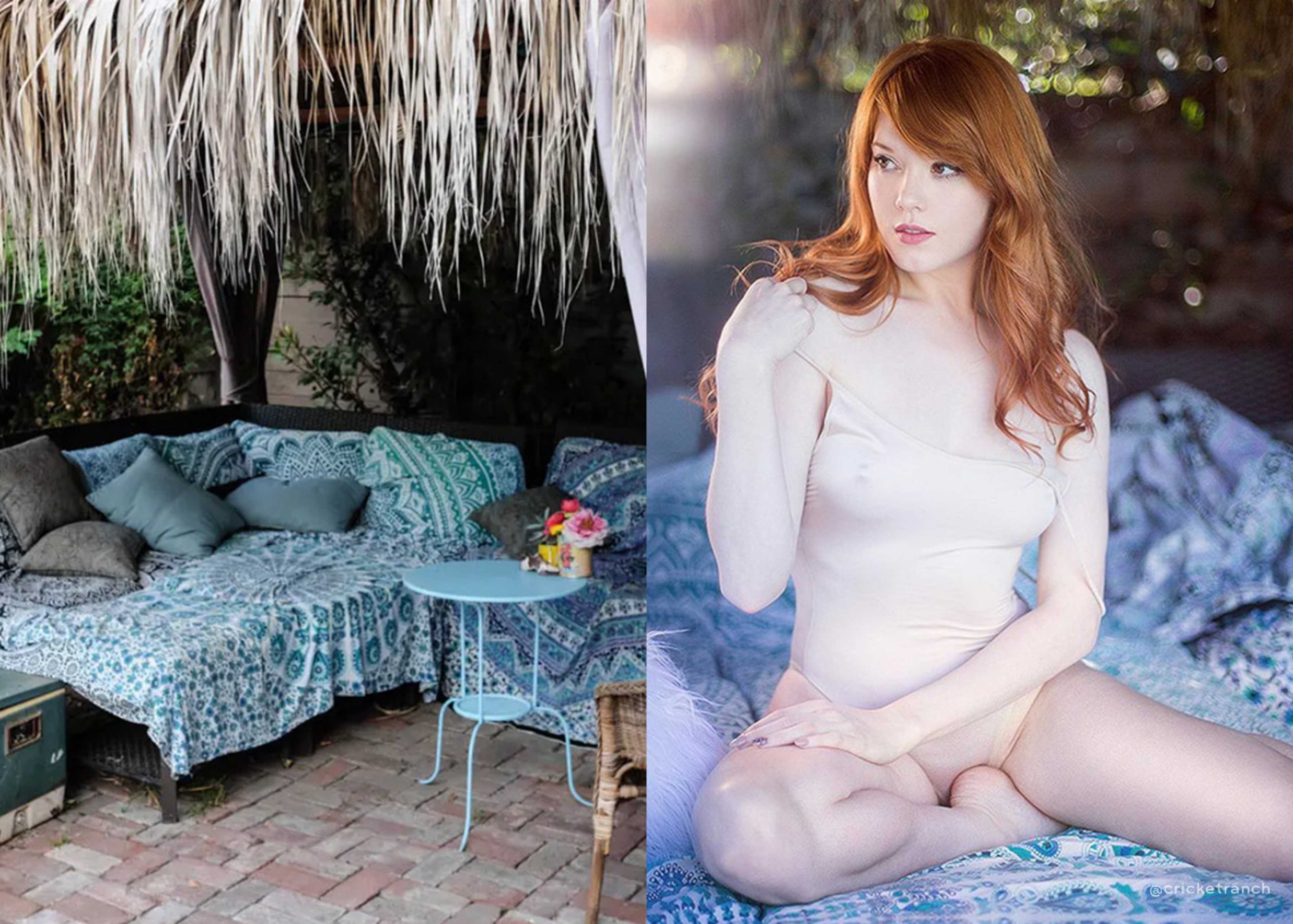 A bohemian-style outdoor seating area with colorful fabrics, cushions, and a small blue table on one side, while the other side shows a woman with long red hair seated in a light-colored outfit.