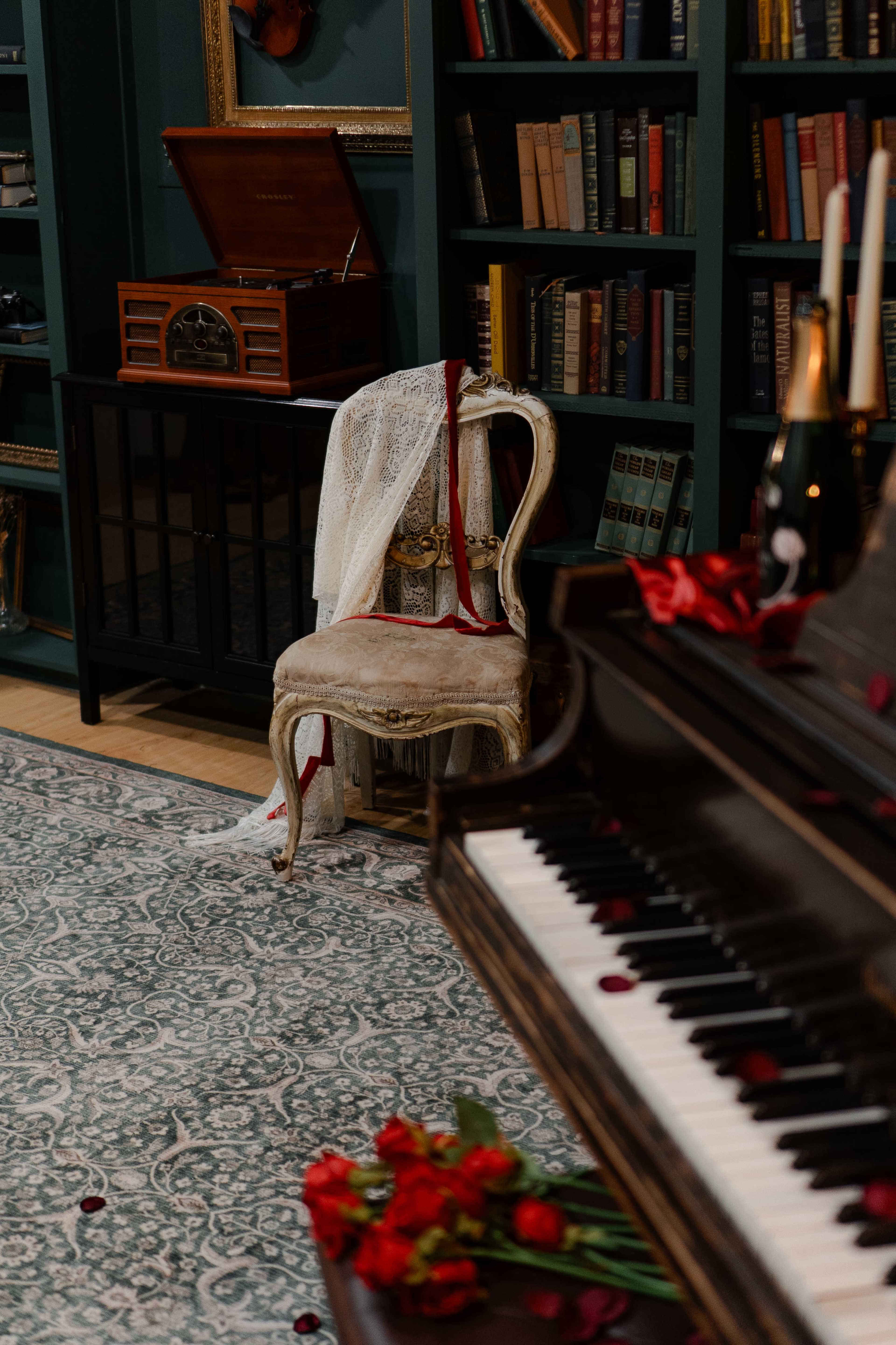 Natural Light Studio with Backdrop, Piano, and Bookshelf for Photo & Video Image in Peak's Suburban Addition, Dallas, TX