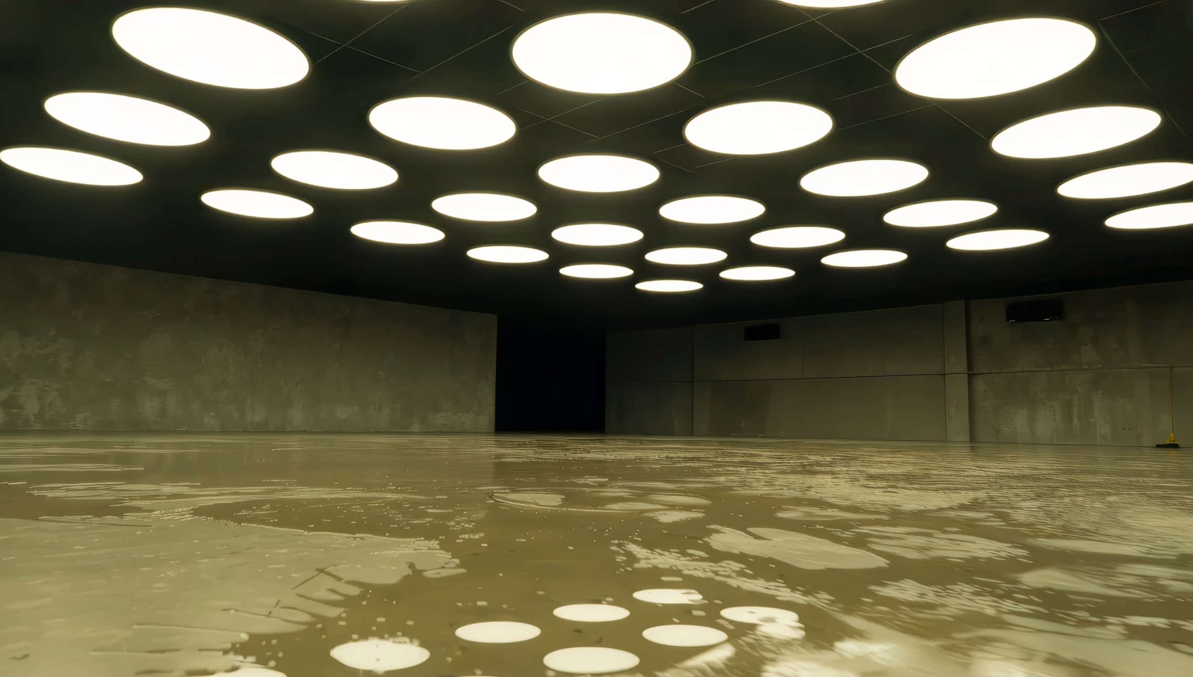 The image shows a spacious interior room with a polished concrete floor and a ceiling featuring multiple circular lights.