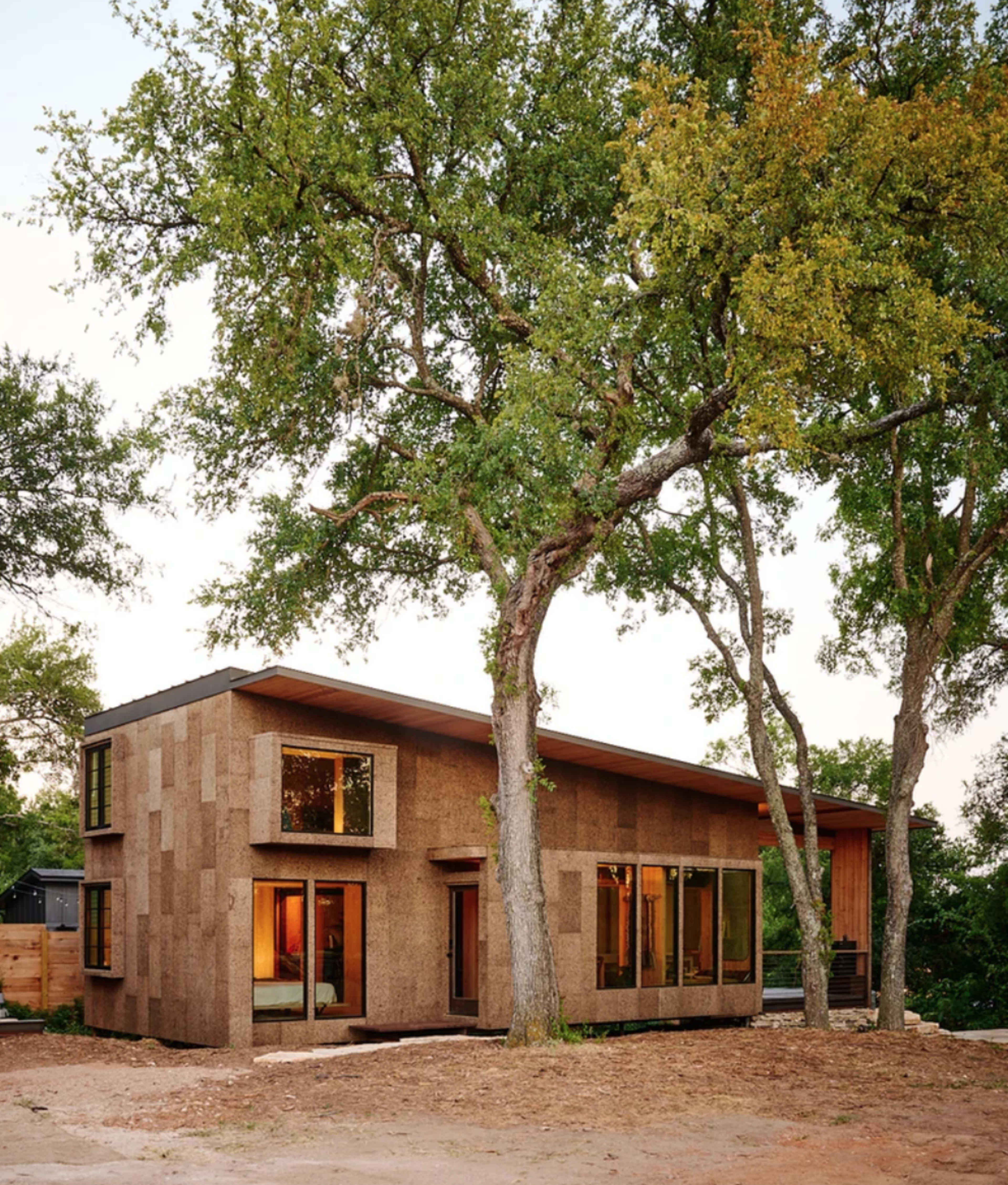 A modern house with a cork exterior is situated among large trees.