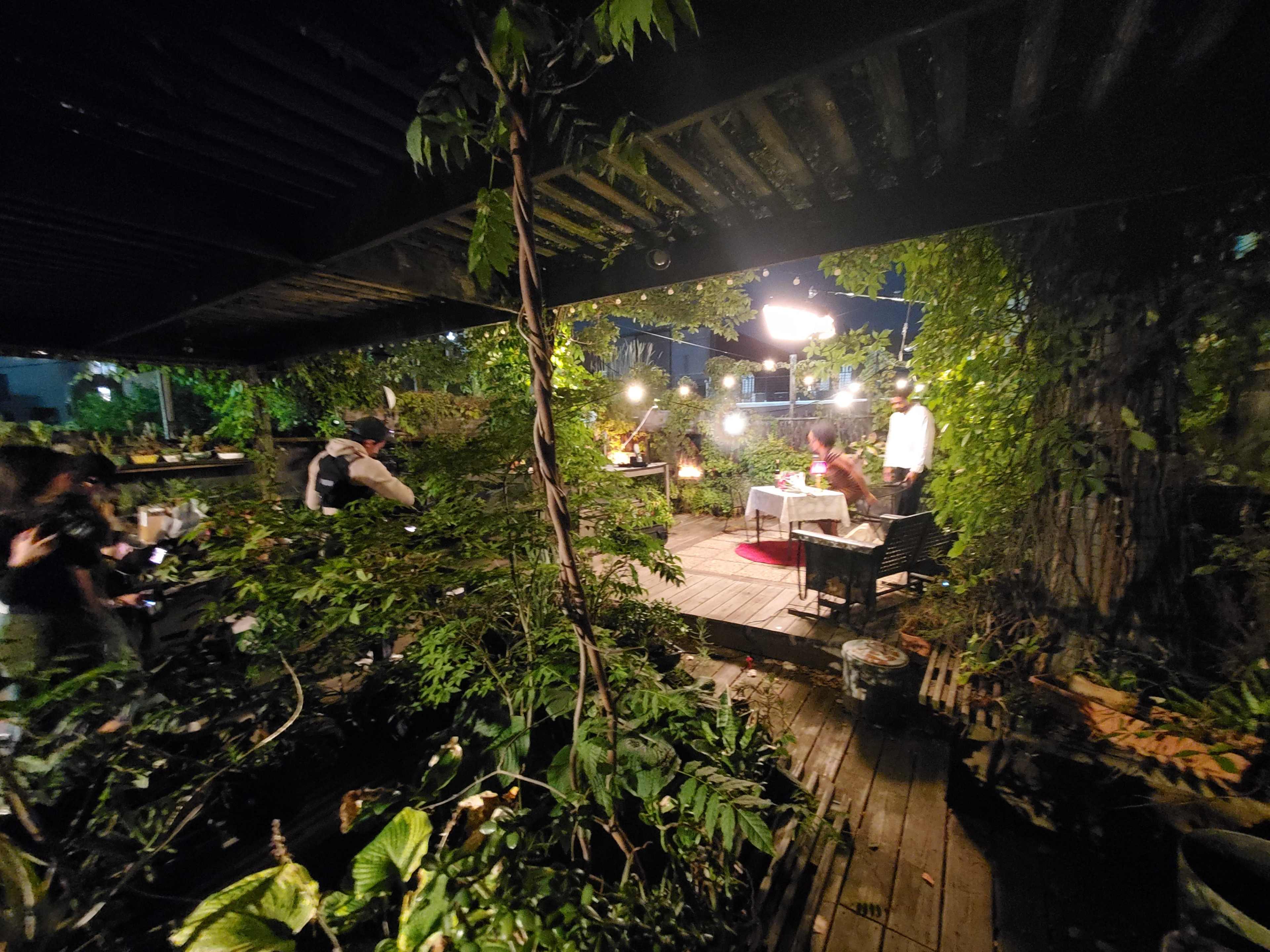 A dimly lit outdoor space is filled with greenery and people gathered around tables, creating a cozy atmosphere.