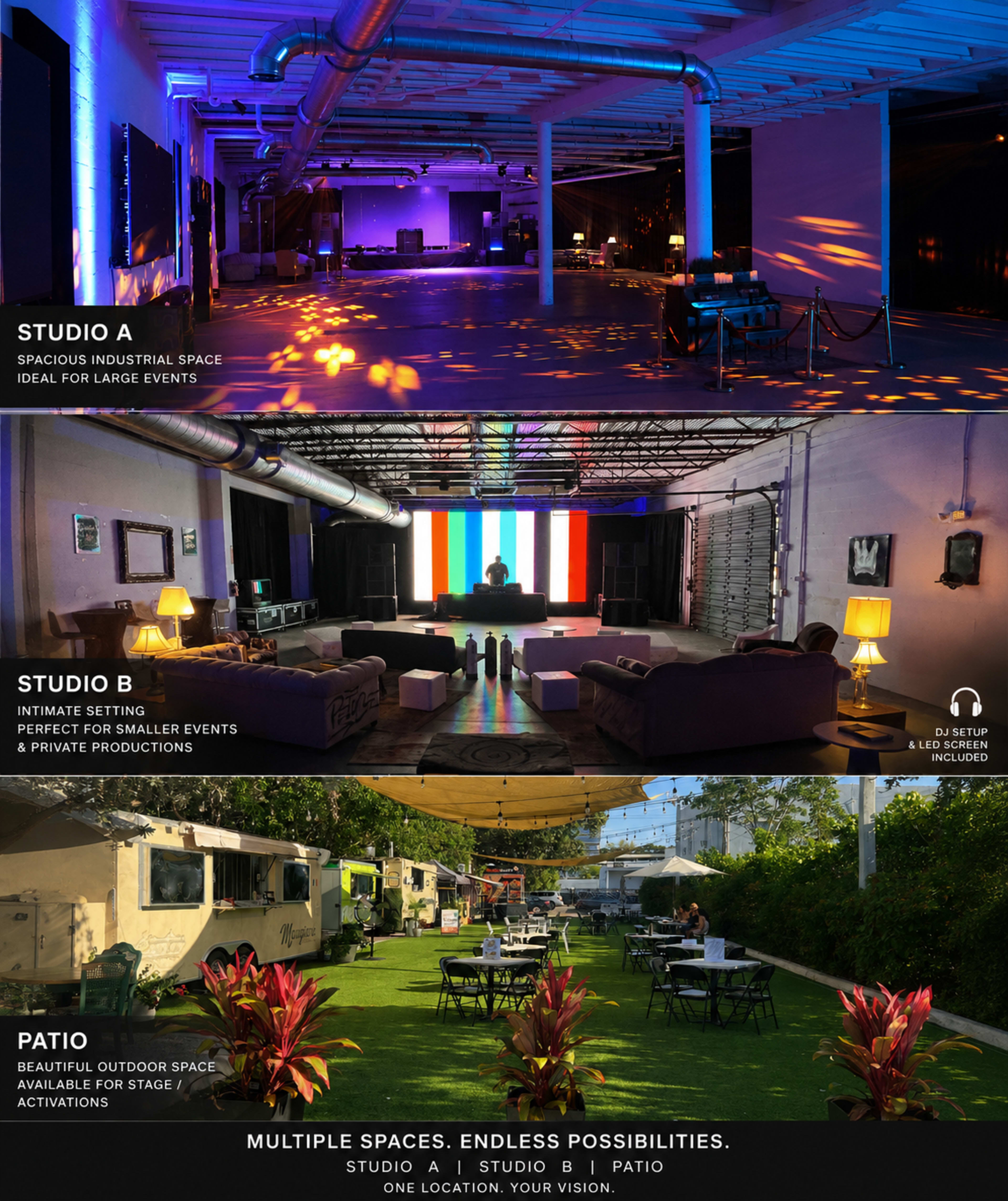 The image showcases three distinct spaces: Studio A featuring a spacious industrial design with dramatic lighting, Studio B designed for smaller gatherings with a lounge setup and a large screen, and a patio area with green grass and outdoor seating for events.