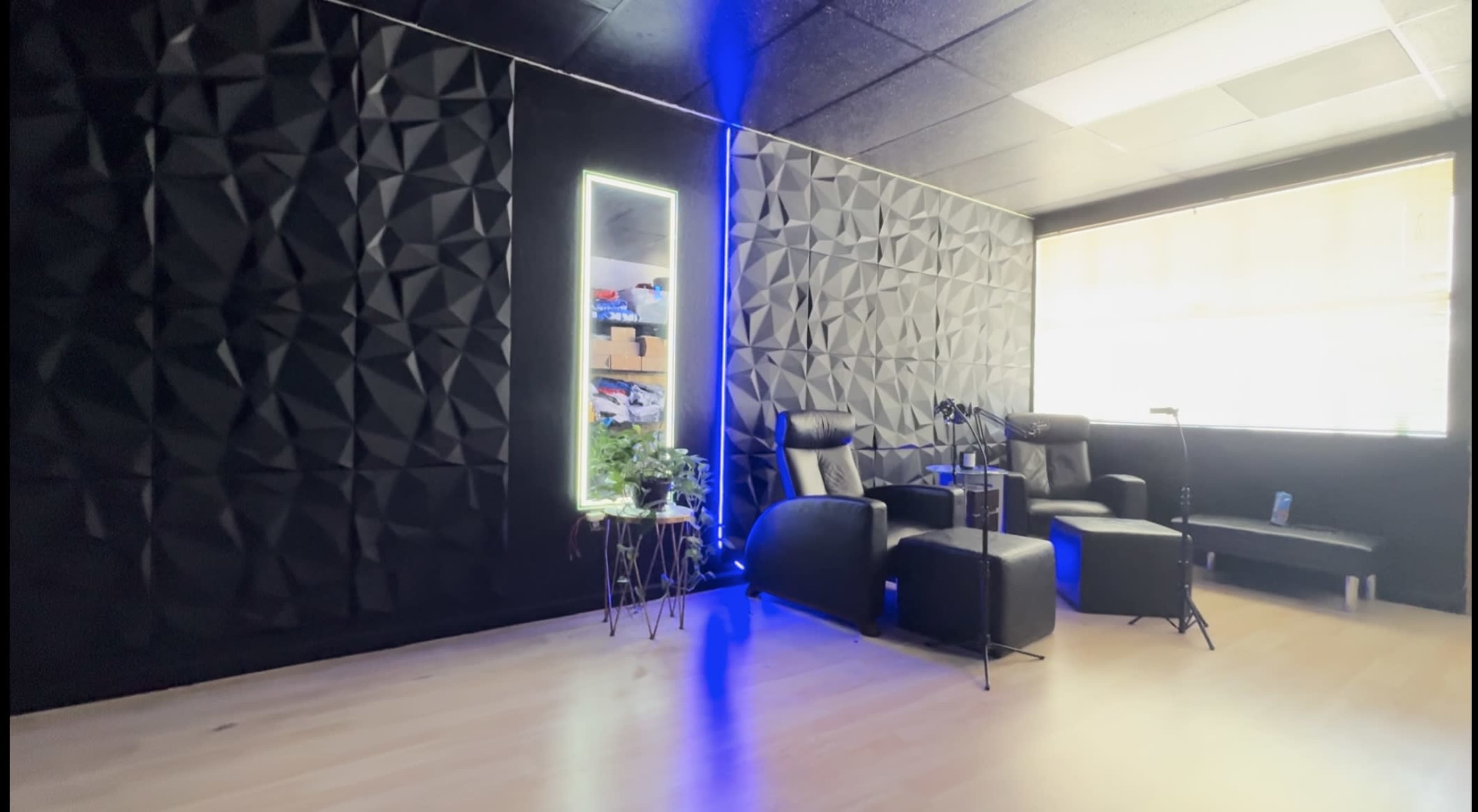 The image shows a modern room featuring textured black walls, two black leather armchairs, and a small table with plants.