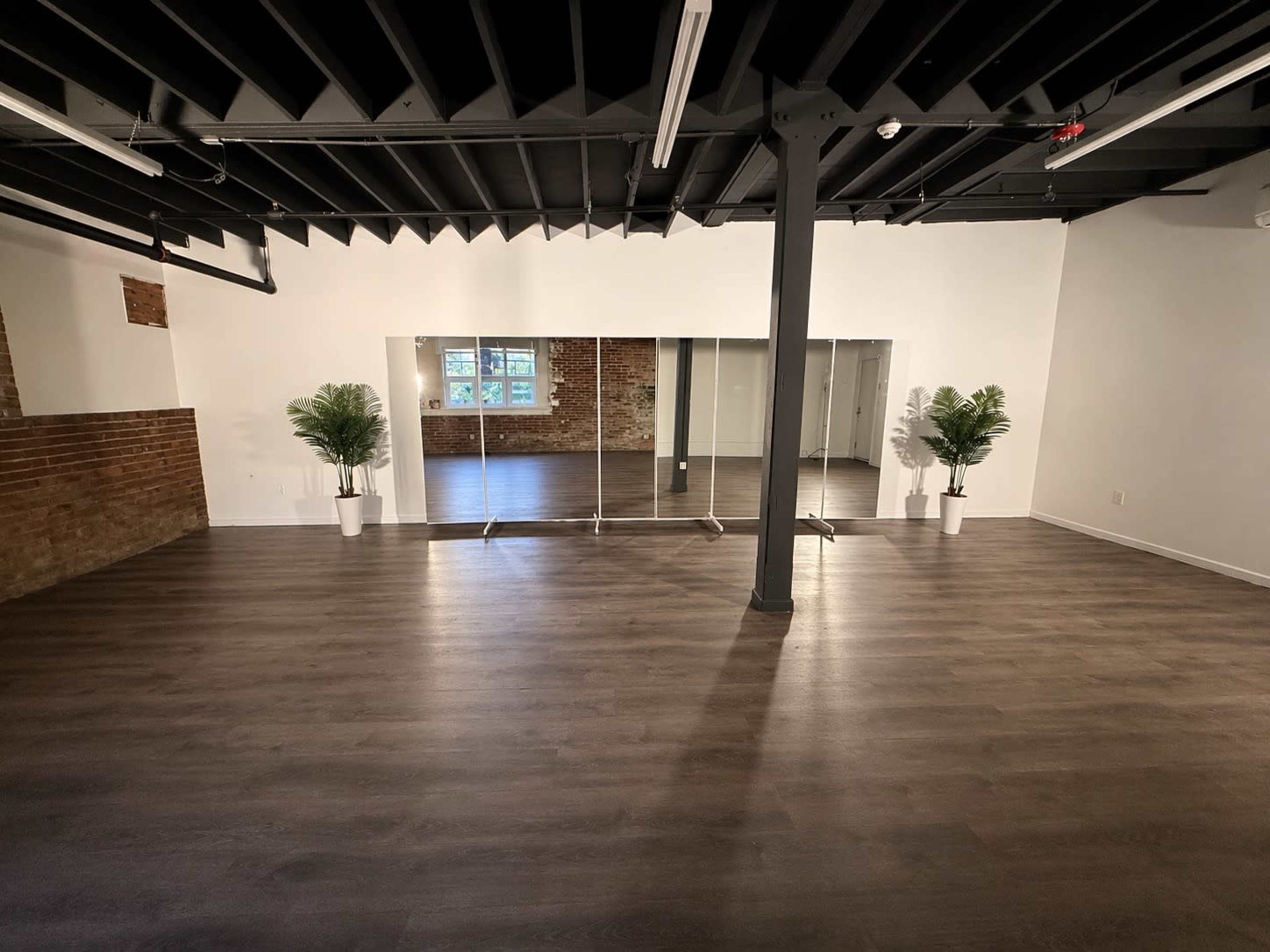 The image shows a spacious, empty room with wooden flooring, two potted plants, and a mirrored wall.