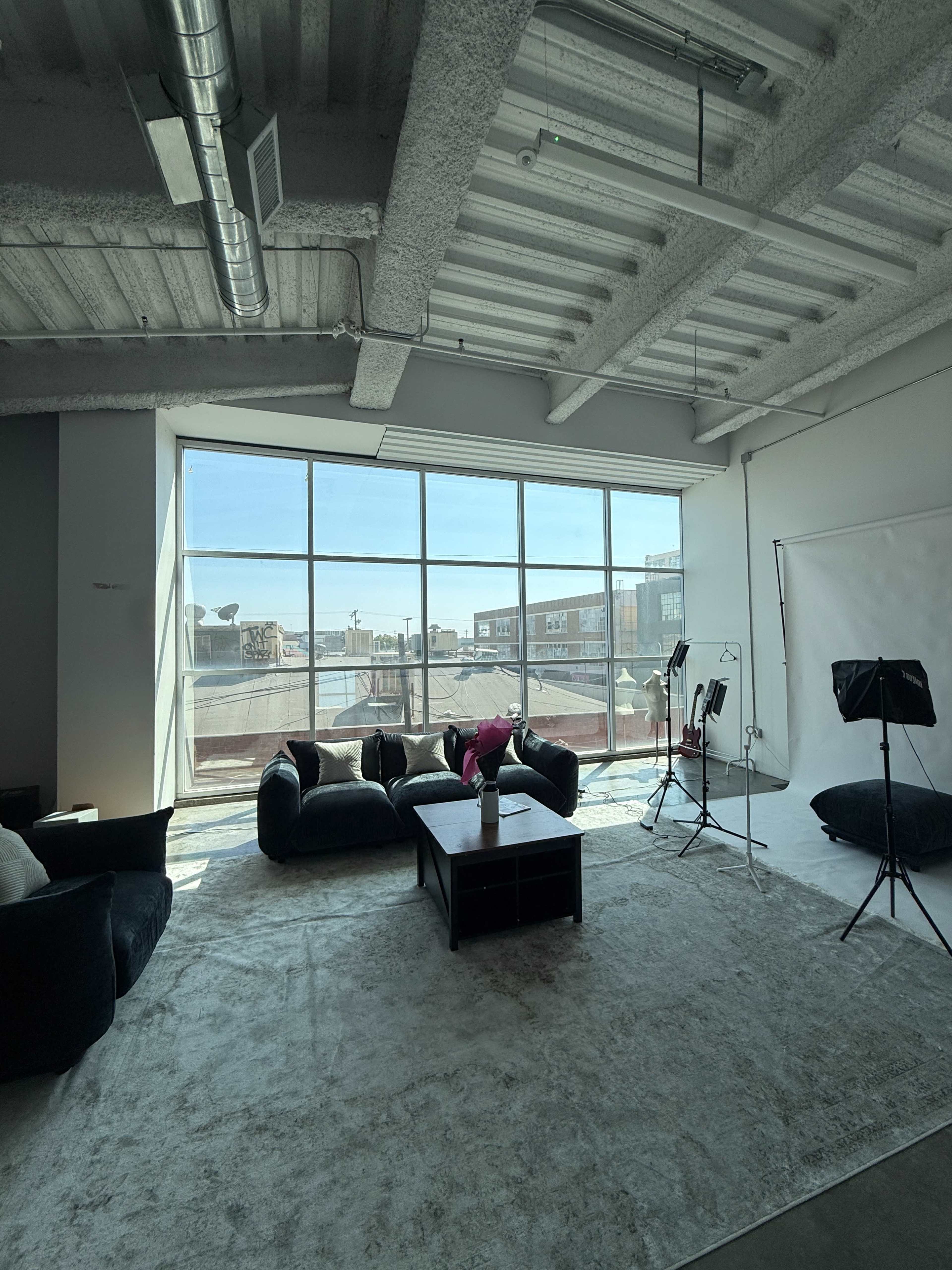 The image shows a spacious room with large windows, a plush rug, a dark coffee table, and seating arrangements, along with photography equipment in the corner.