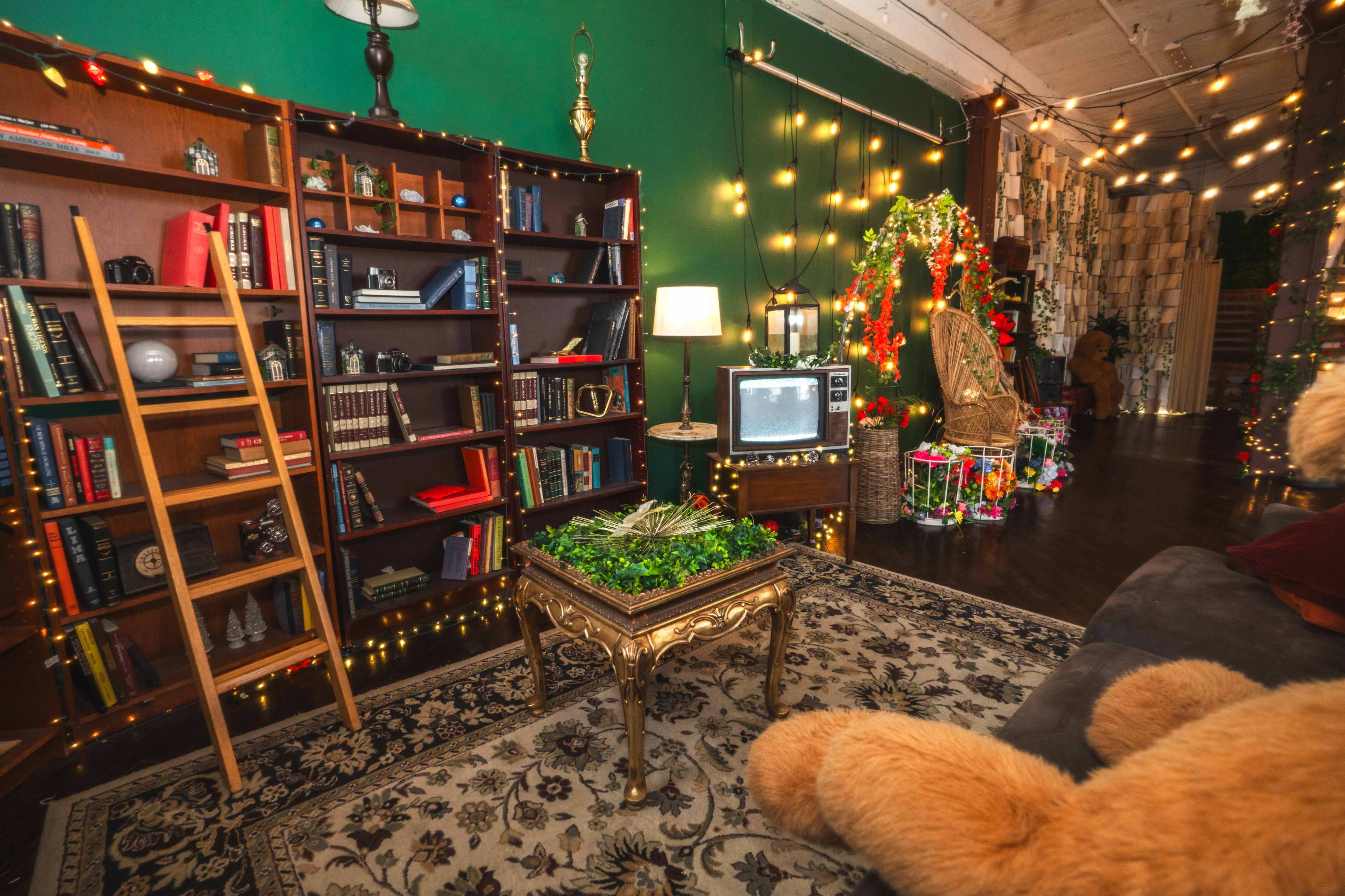 The scene depicts a cozy living room with green walls, a bookshelf filled with books, decorative lights, a wooden ladder, a vintage television, and a plush bear beside a coffee table adorned with greenery.