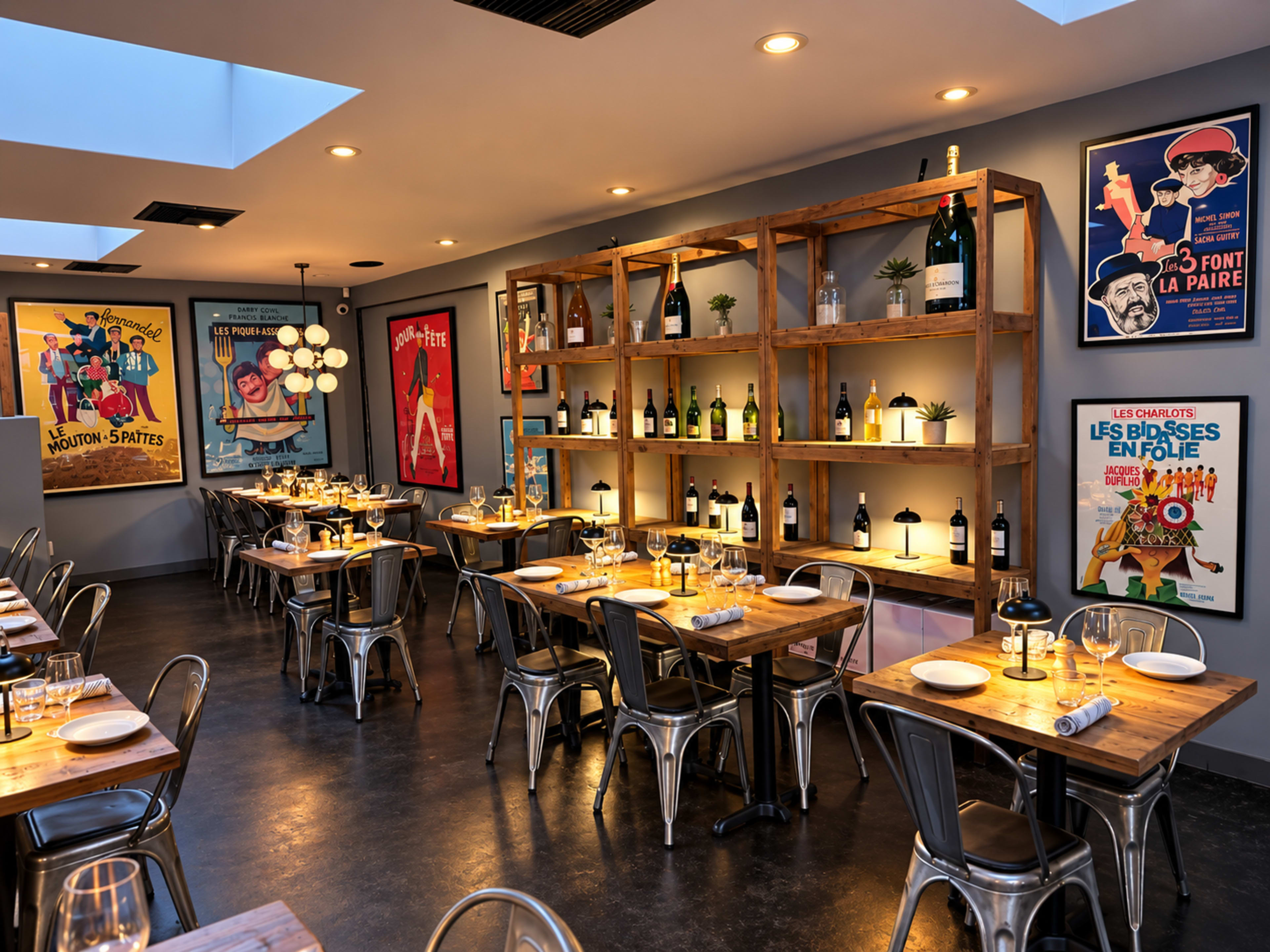 The image shows a modern restaurant interior with wooden tables, metal chairs, and shelves displaying wine bottles against a backdrop of colorful vintage posters.