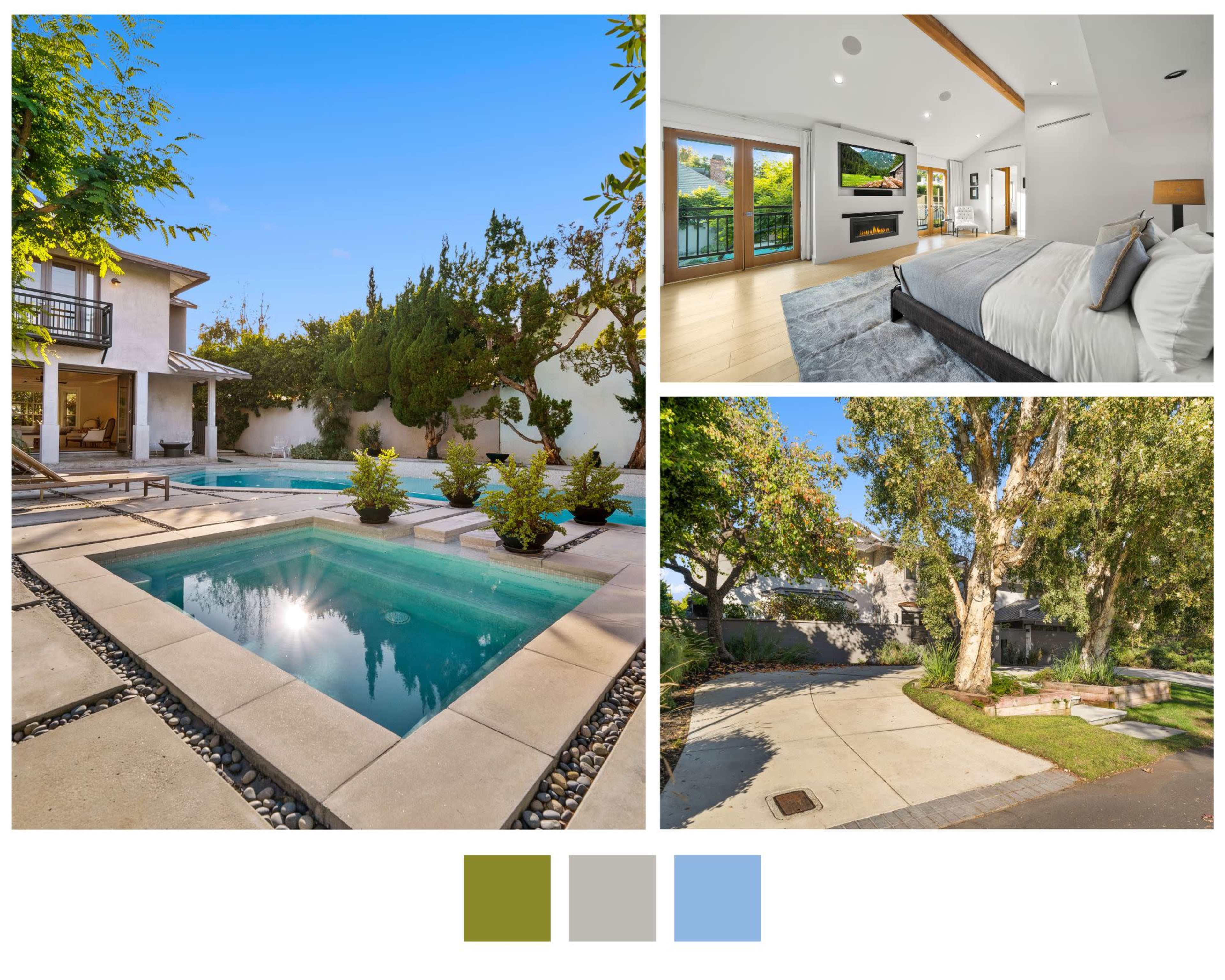 A modern home with a pool, elegant interior rooms, and landscaped outdoor areas.