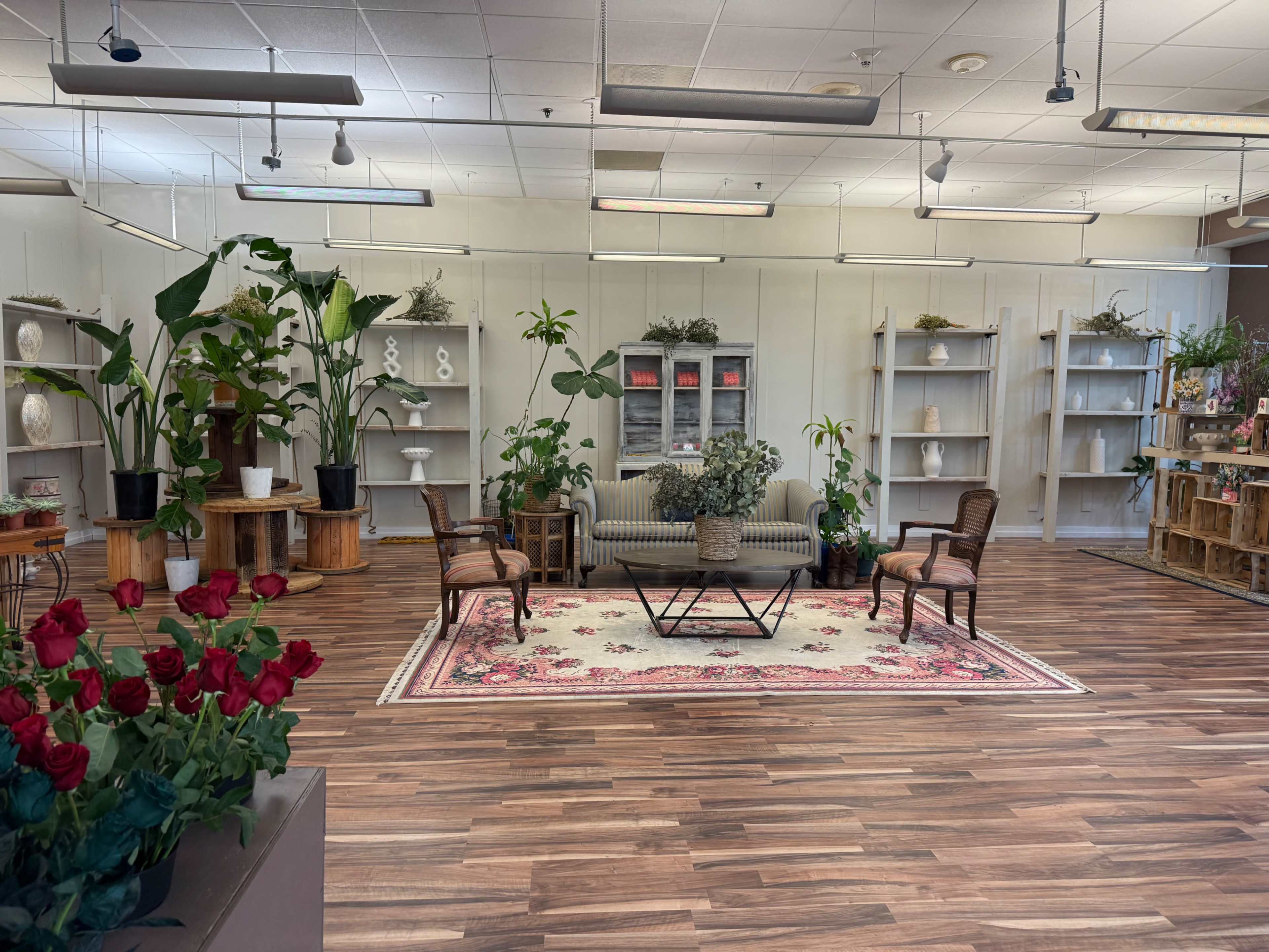 The image shows a spacious interior decorated with plants, a central table and chairs, and shelves displaying various items.
