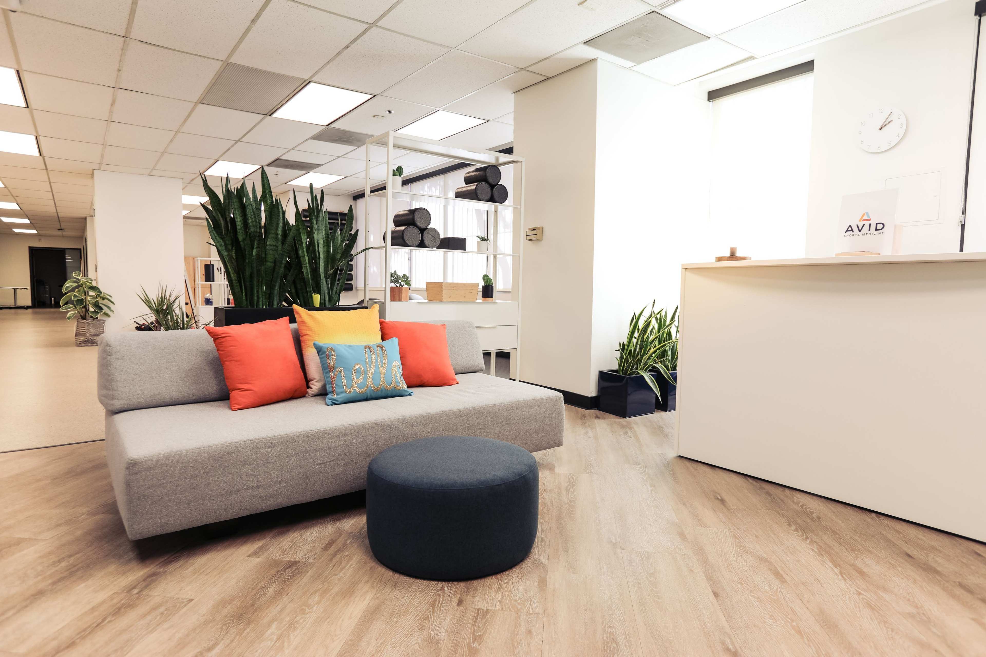 A modern office reception area with a gray sofa, colorful throw pillows, a round blue ottoman, and various indoor plants.