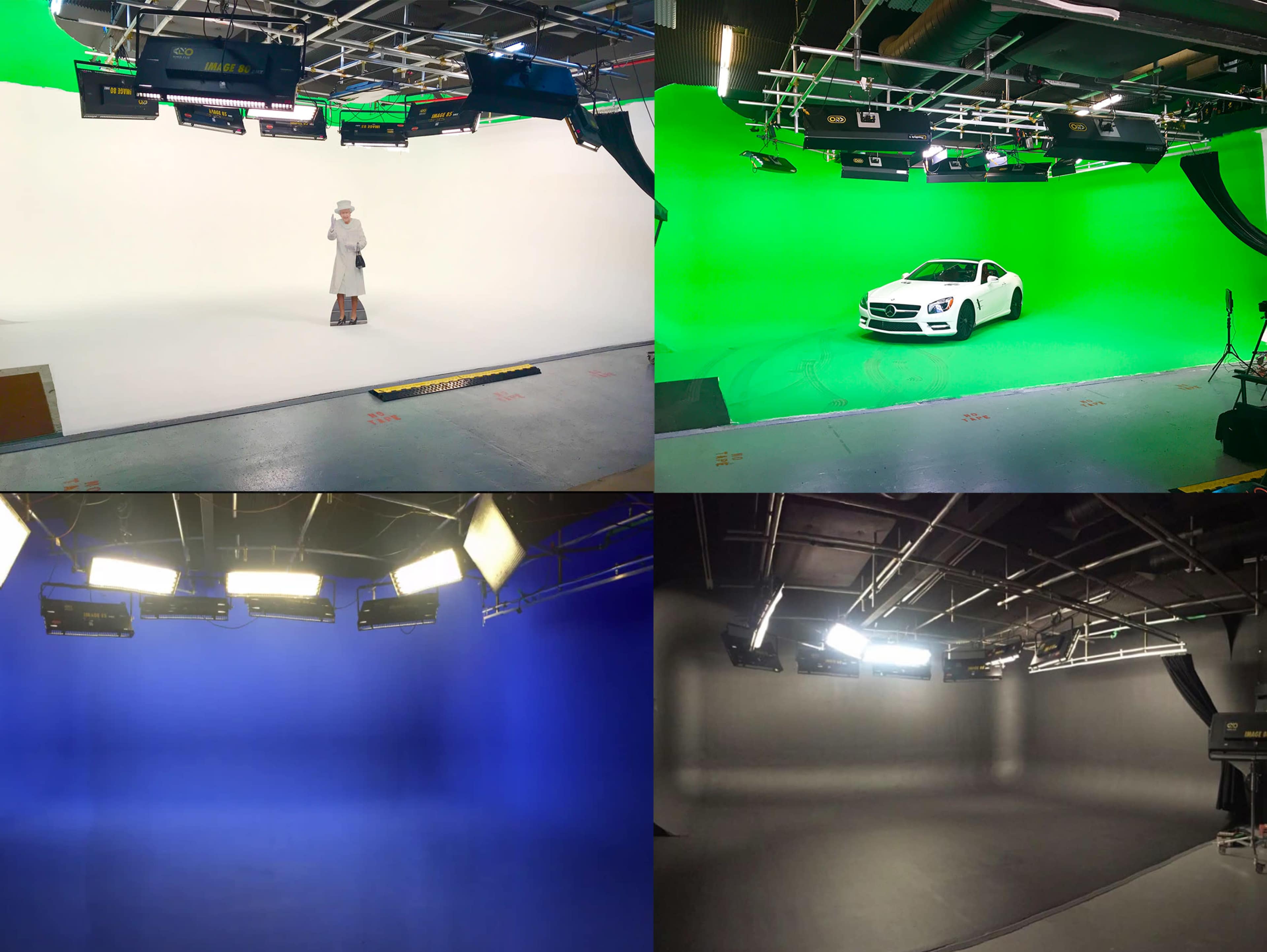 The image shows four different studio setups featuring white, green, blue, and gray backdrops, each equipped with overhead lighting.
