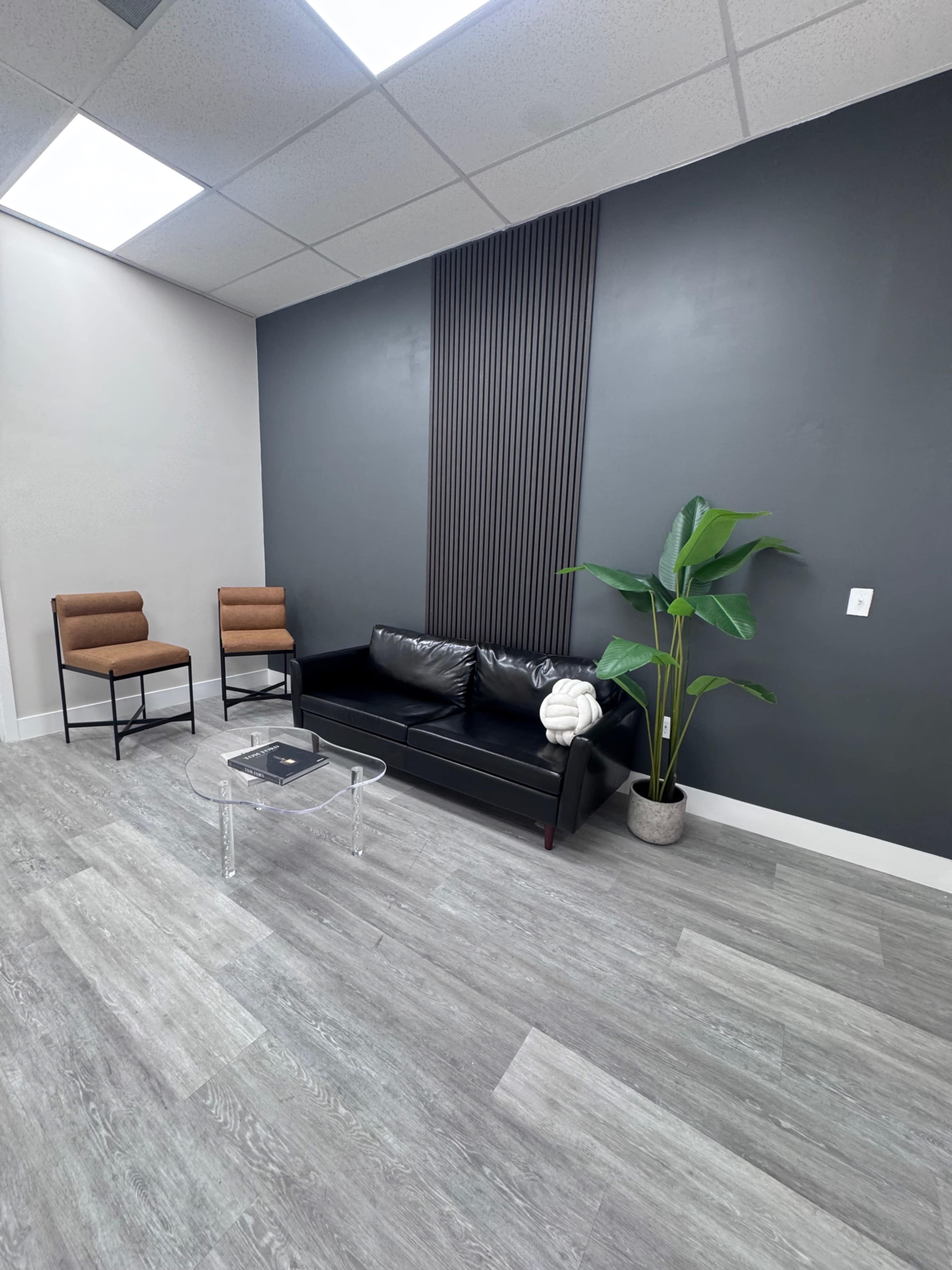 The image shows a minimalist interior with a black sofa, two brown chairs, a glass coffee table, and a potted plant against a dark gray wall.