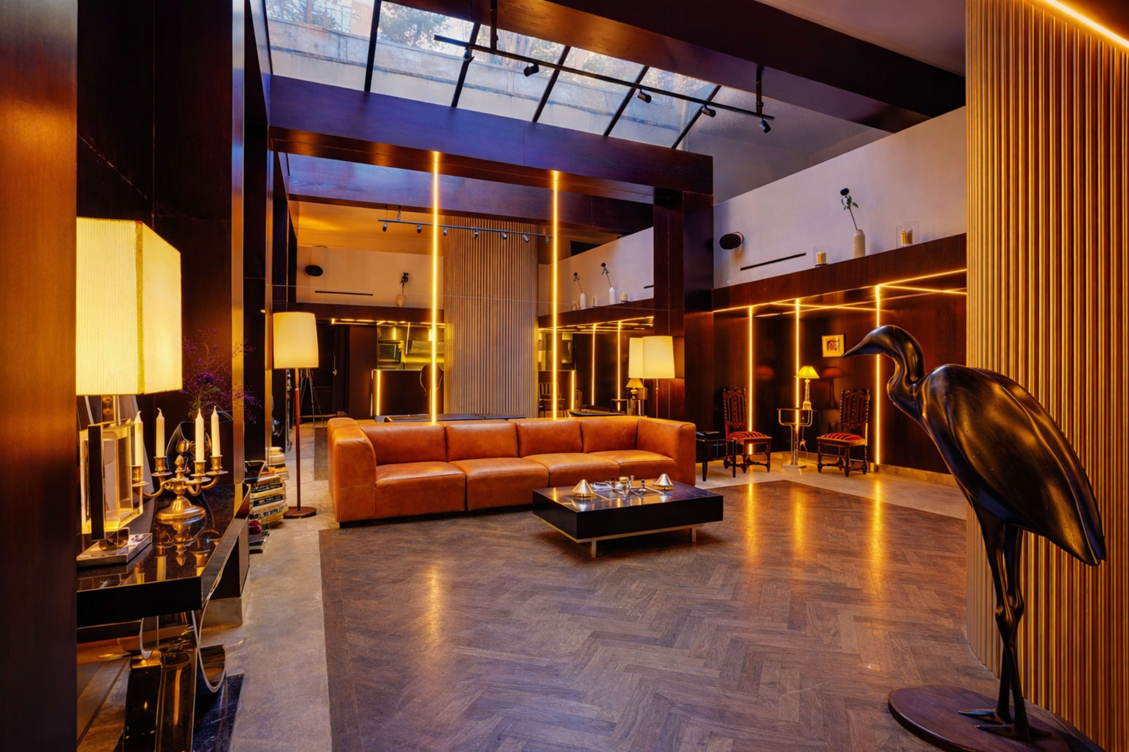 The image features a modern living room with a large brown sofa, elegant lighting, and a decorative black sculpture of a bird.