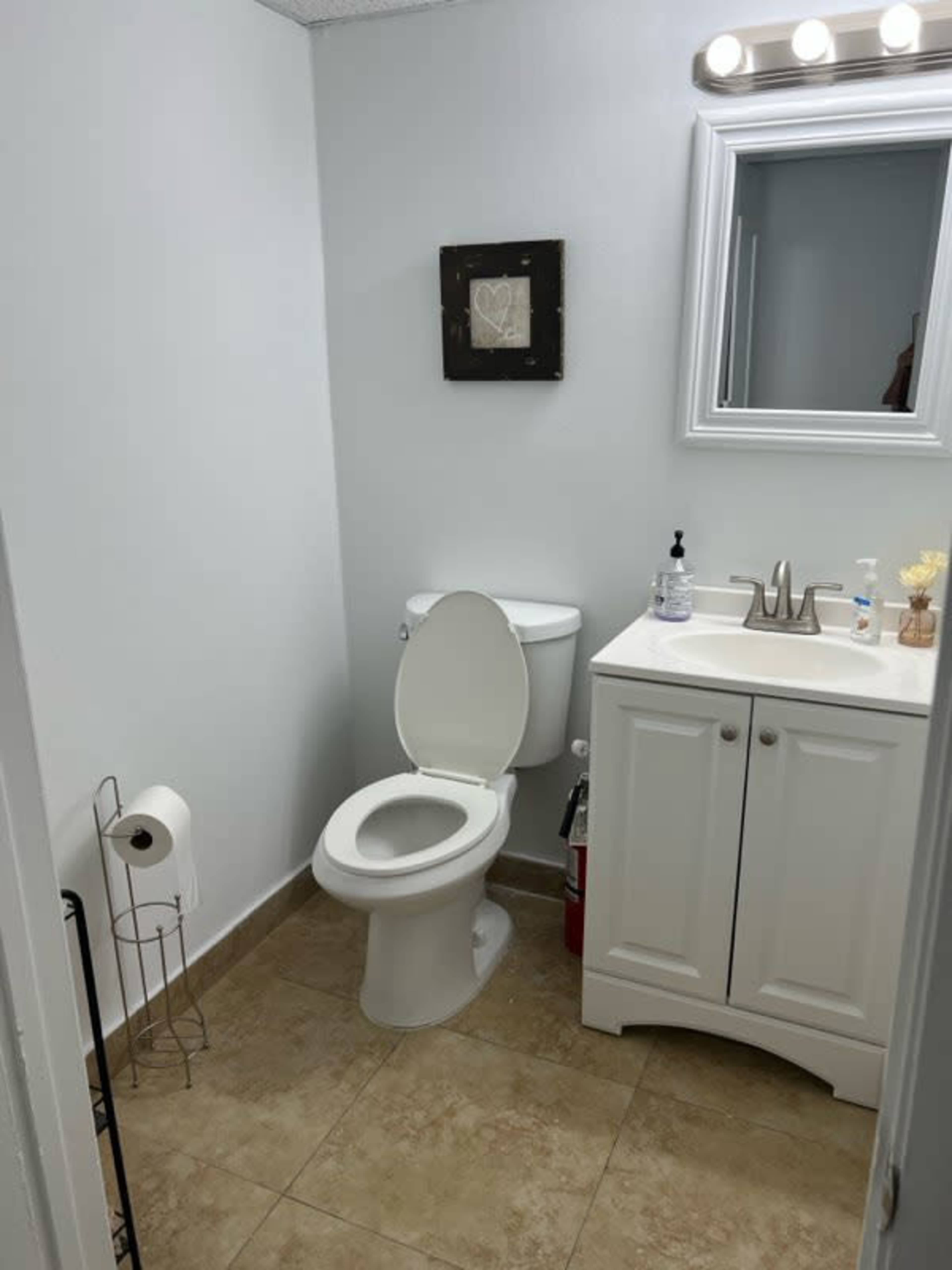 The image shows a small bathroom with a toilet, sink, and a framed picture on the wall.
