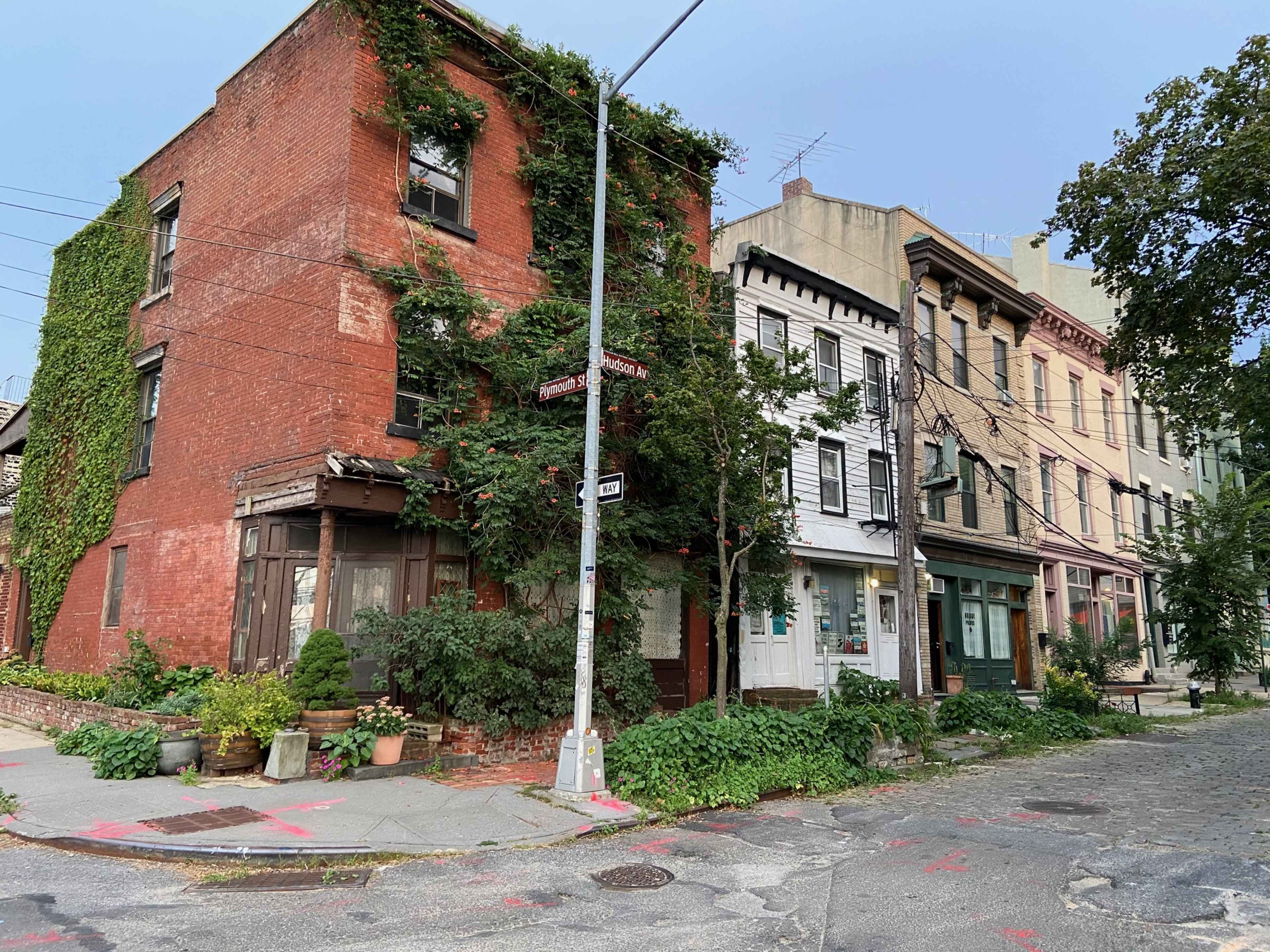 The image shows a corner of a neighborhood with a red brick building covered in greenery beside several multi-story buildings with various architectural styles.