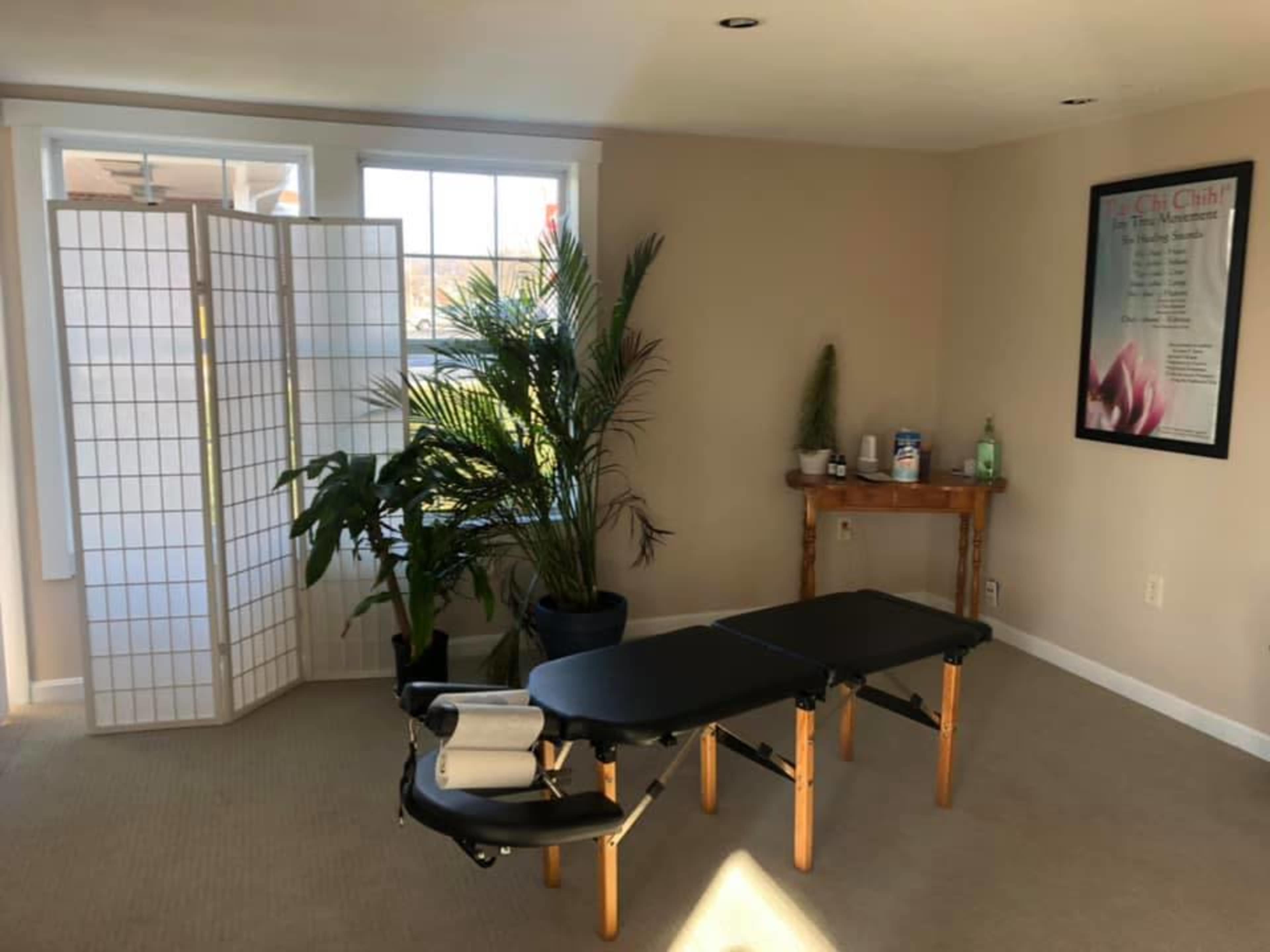A serene treatment room featuring a massage table, a plant, a decorative screen, and a small side table with various items.