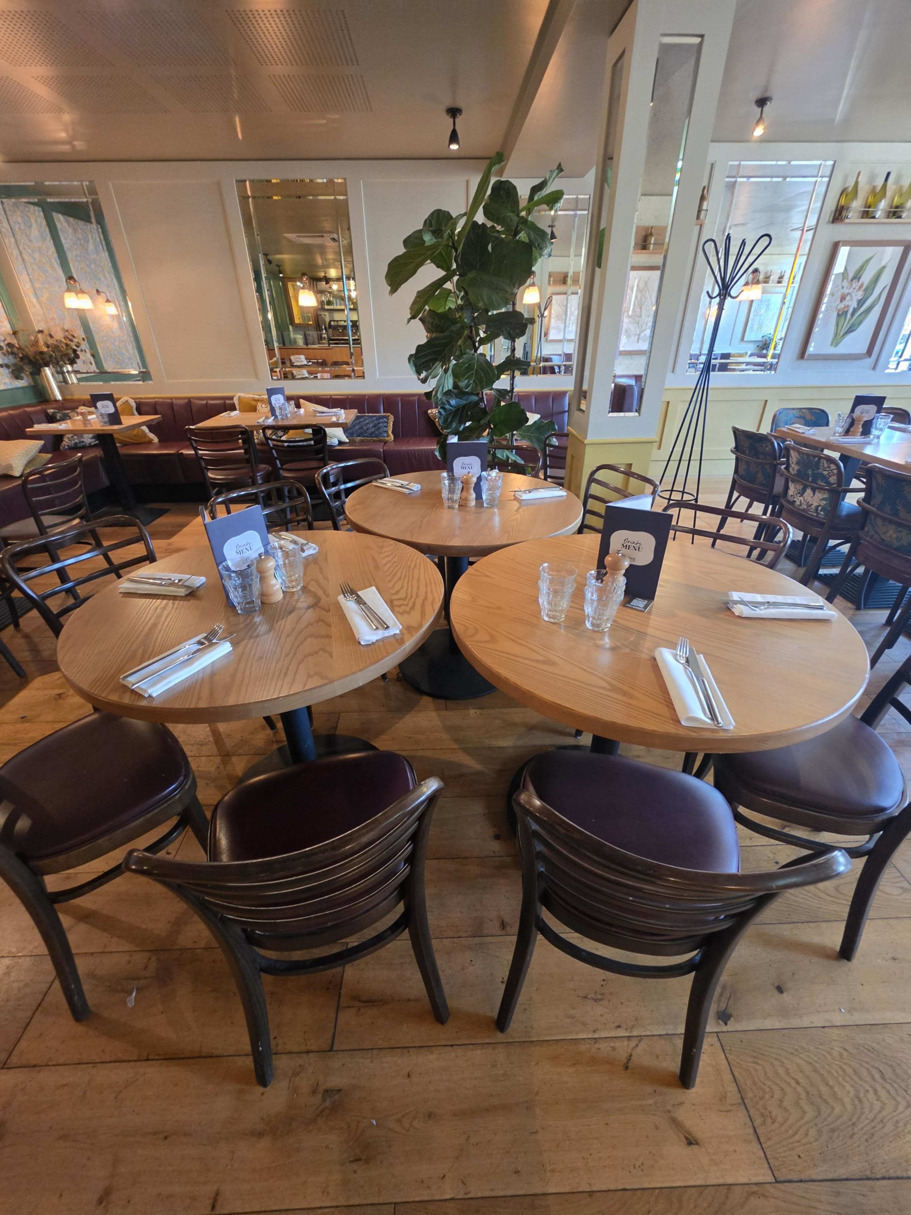 The image shows a restaurant interior with two wooden tables set for dining, surrounded by chairs, and a large potted plant in the background.