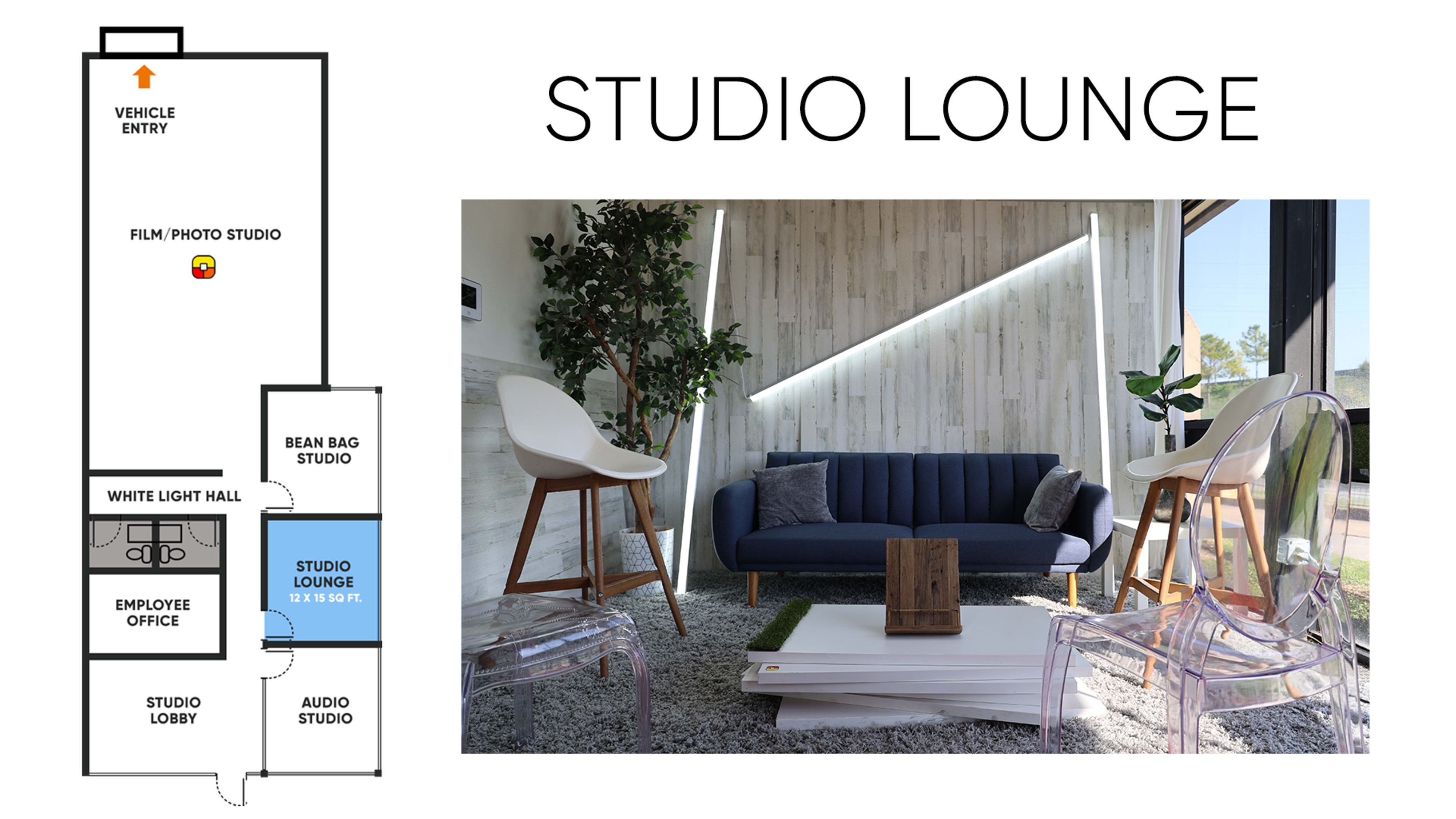 A layout of a studio lounge space with a sofa, two chairs, and modern decor, alongside a floor plan indicating different areas of the studio.