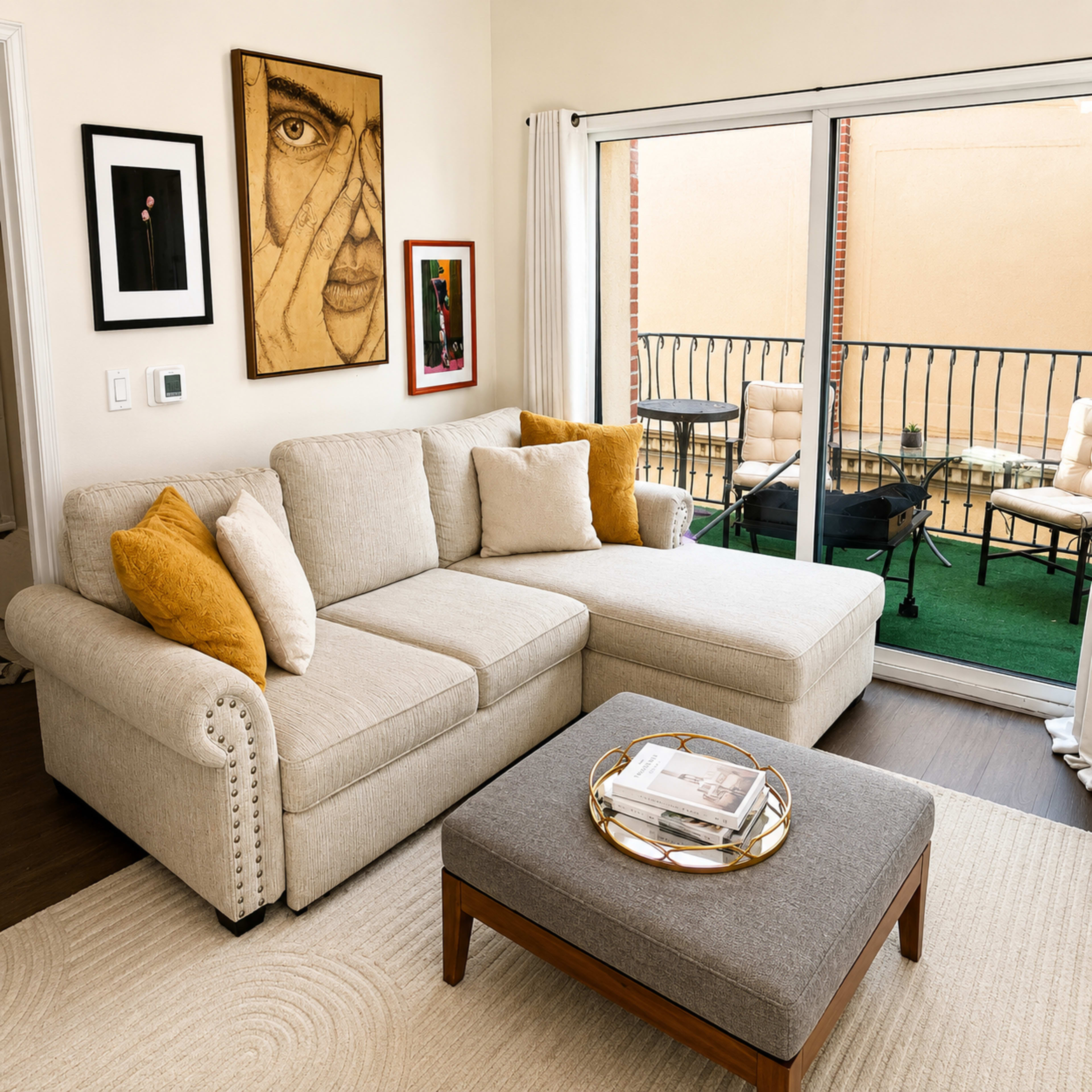 The image shows a cozy living room with a light-colored sectional sofa, a coffee table, and large sliding glass doors leading to a balcony.