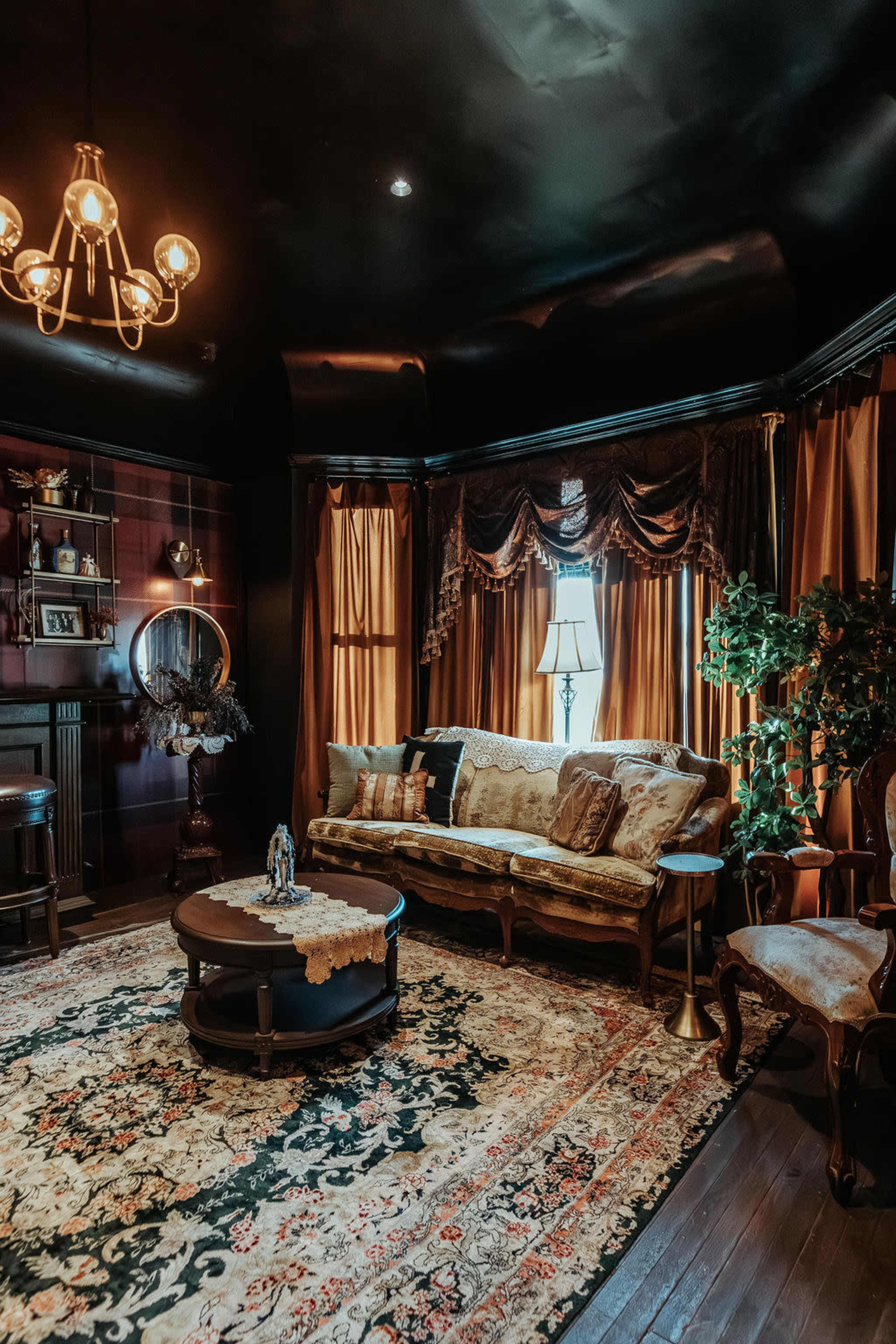 The image shows a dimly lit living room with rich, dark decor, featuring a vintage sofa, a round coffee table, and ornate drapery around large windows.