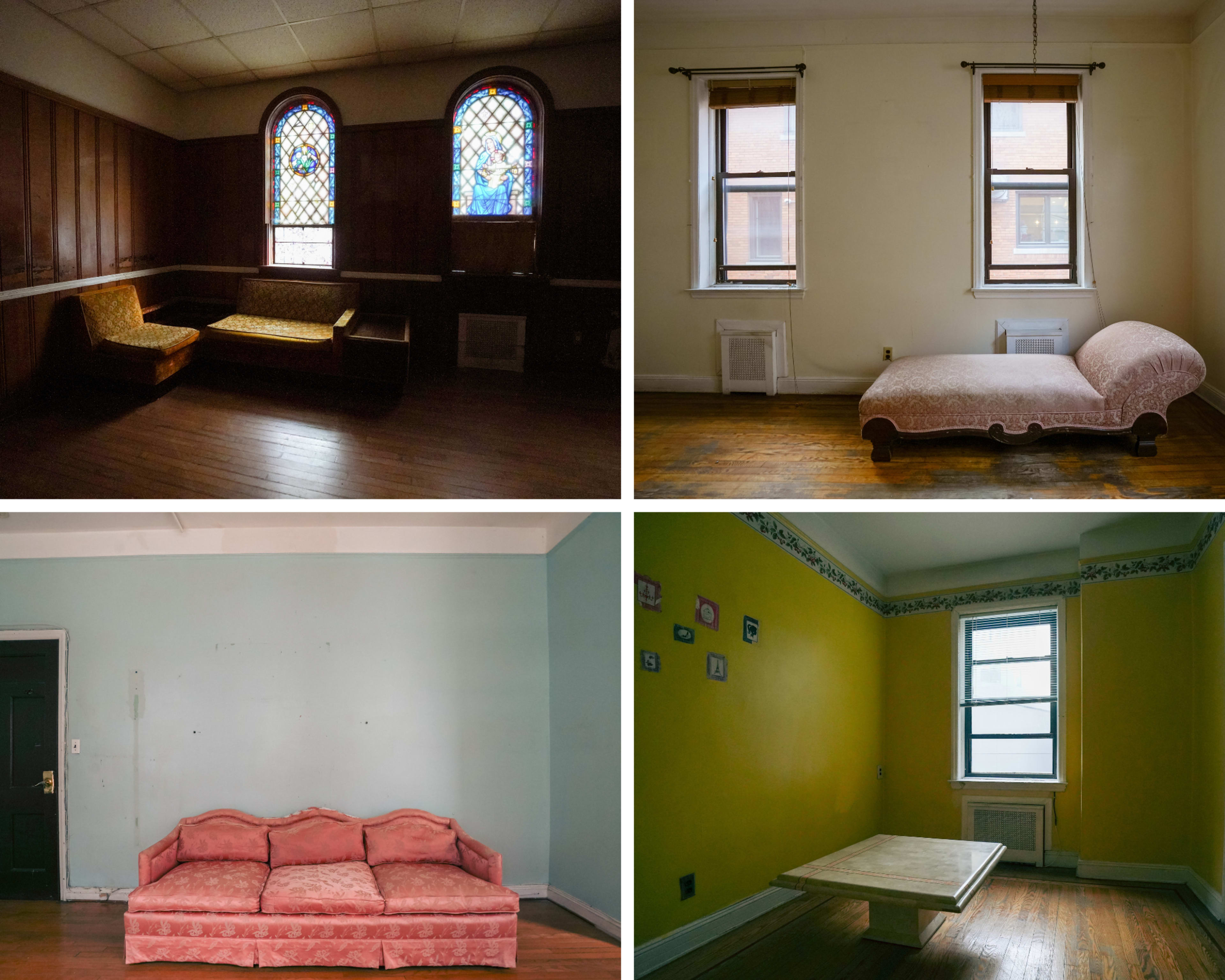 The image features four separate rooms with varying furniture arrangements and wall colors, including stained glass windows and empty walls.