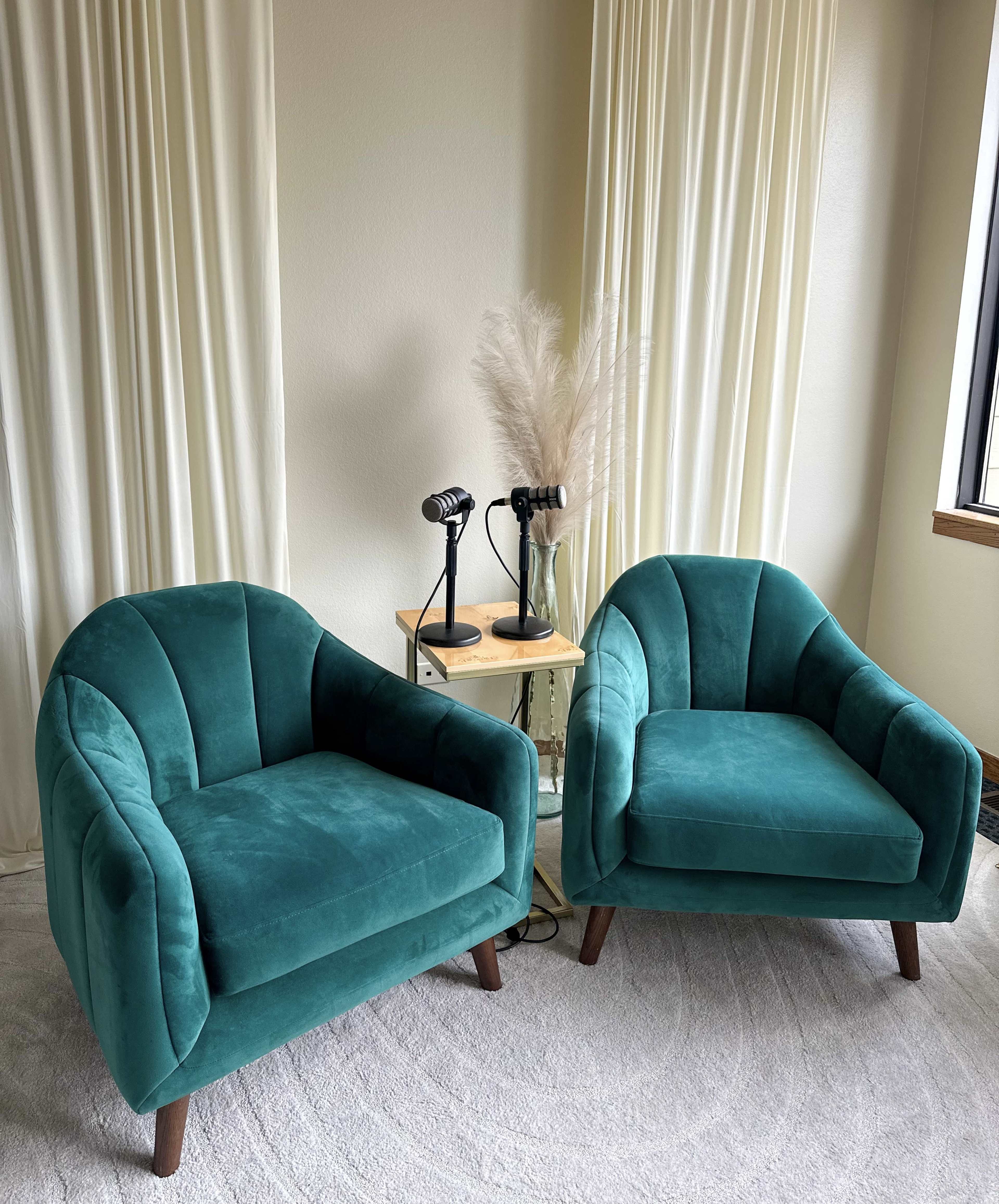 Two teal velvet chairs sit beside a small wooden table adorned with two vintage microphones and a decorative plant.