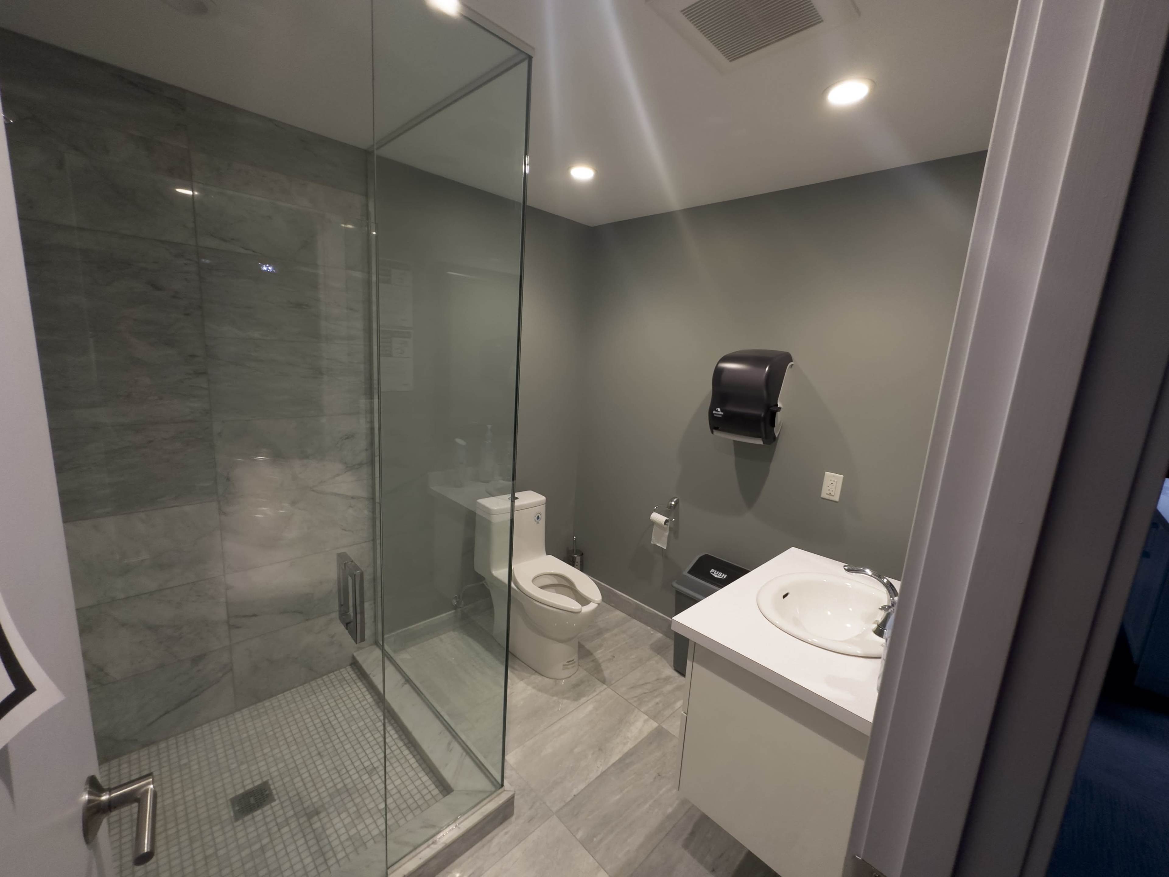 A modern bathroom featuring a glass shower, a toilet, and a sink with a countertop.
