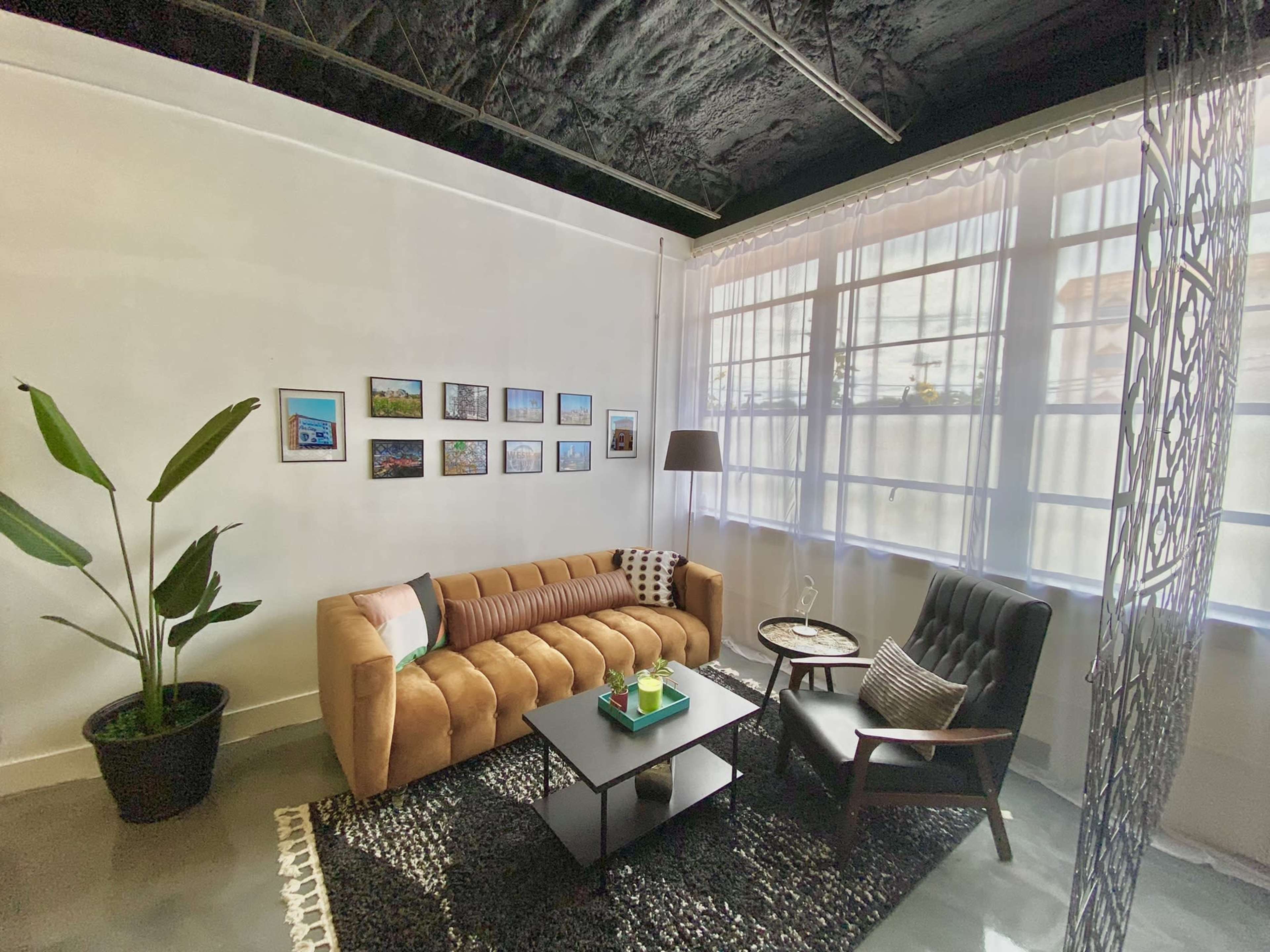 The image shows a modern living room with a brown tufted sofa, a black armchair, a coffee table, and a potted plant, illuminated by natural light from large windows.