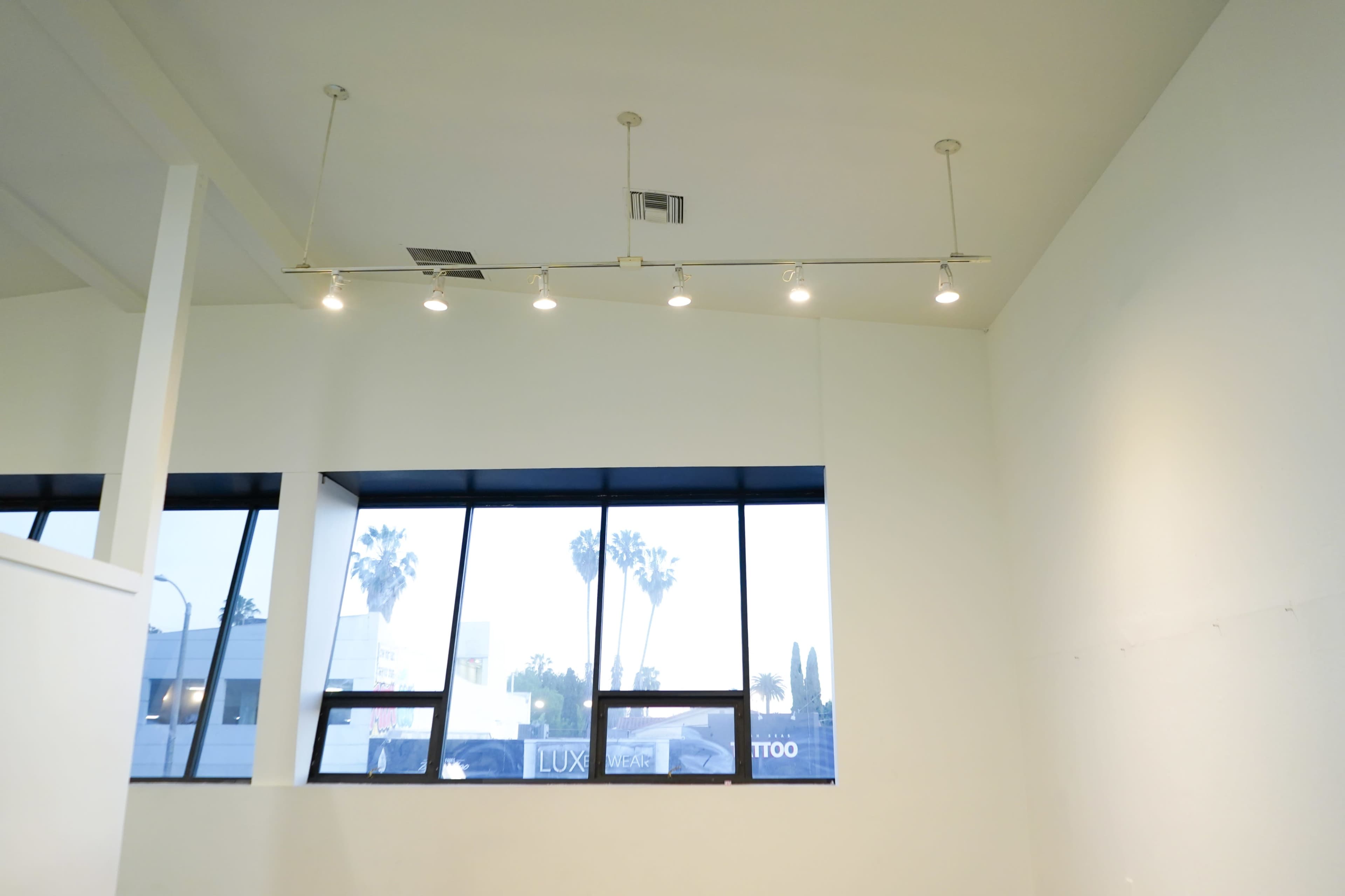 The image shows an interior space with a white ceiling, track lighting, and large windows featuring palm trees outside.