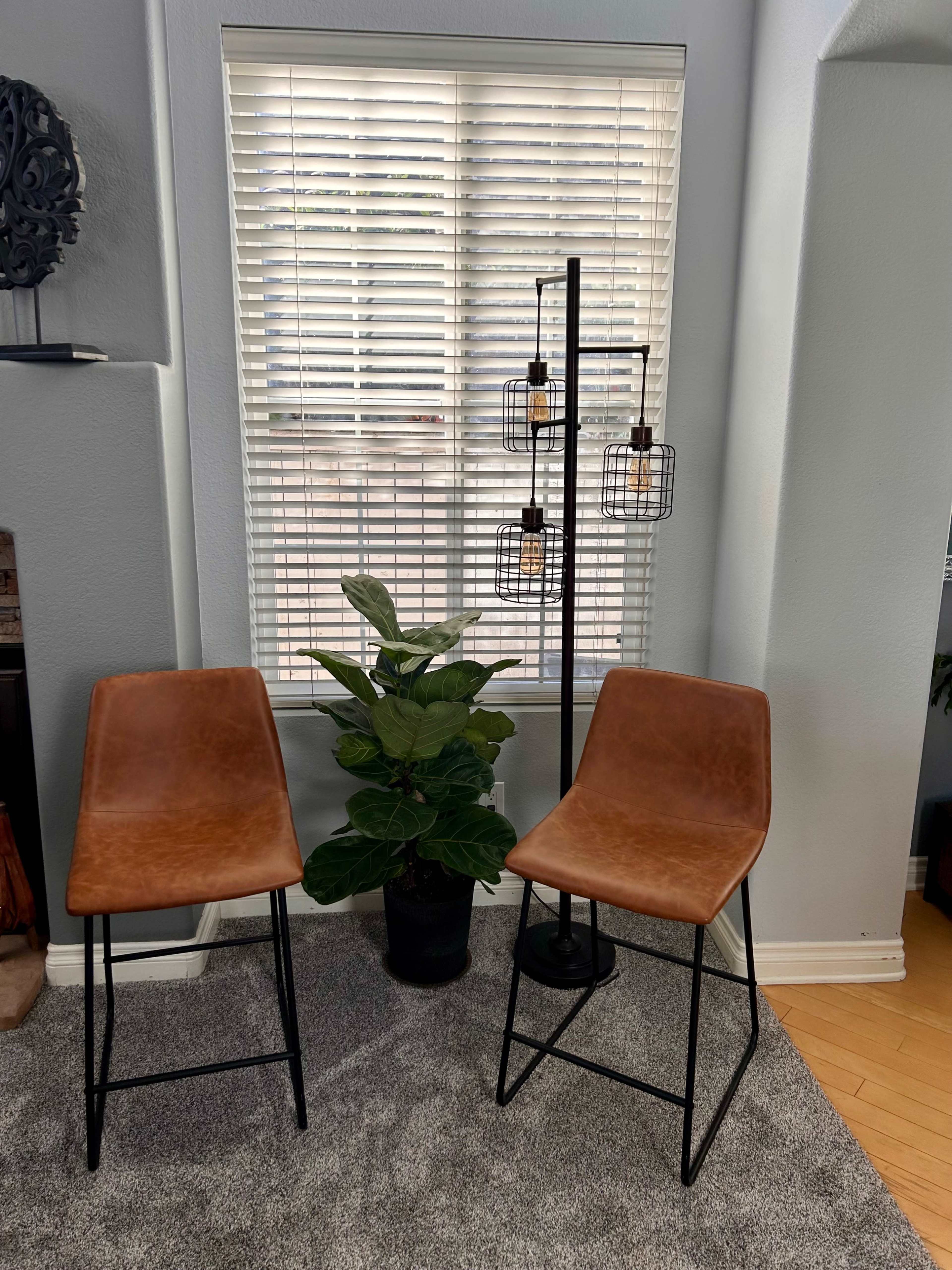 Two brown barstools and a floor lamp with wire cages, positioned next to a potted plant in a bright room with blinds.