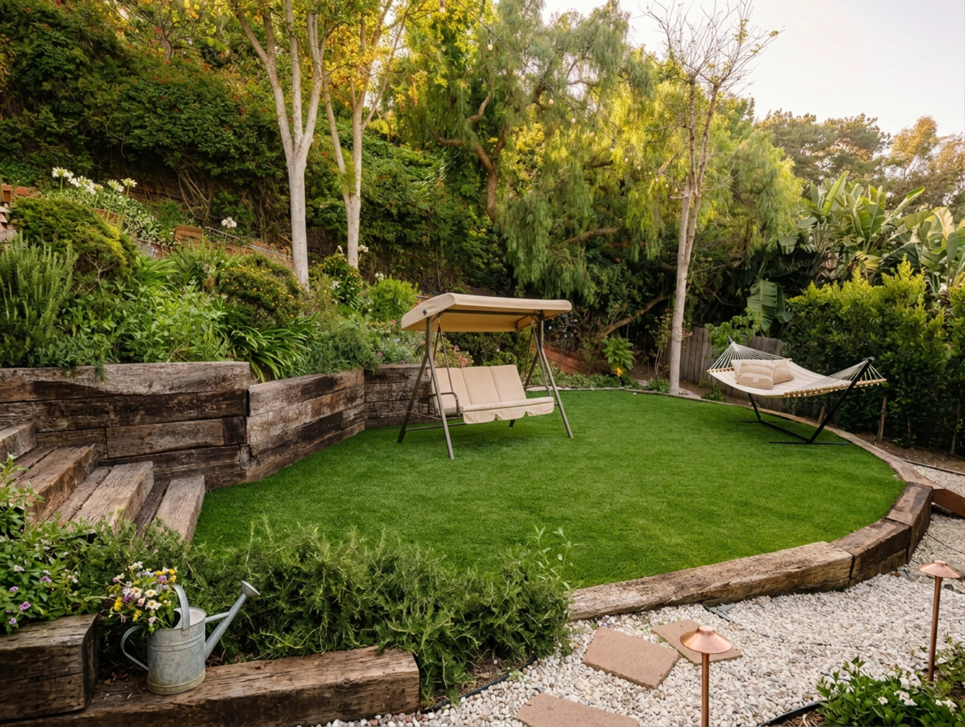 The image shows a landscaped backyard featuring a swinging bench and a hammock surrounded by greenery and layered stone elements.