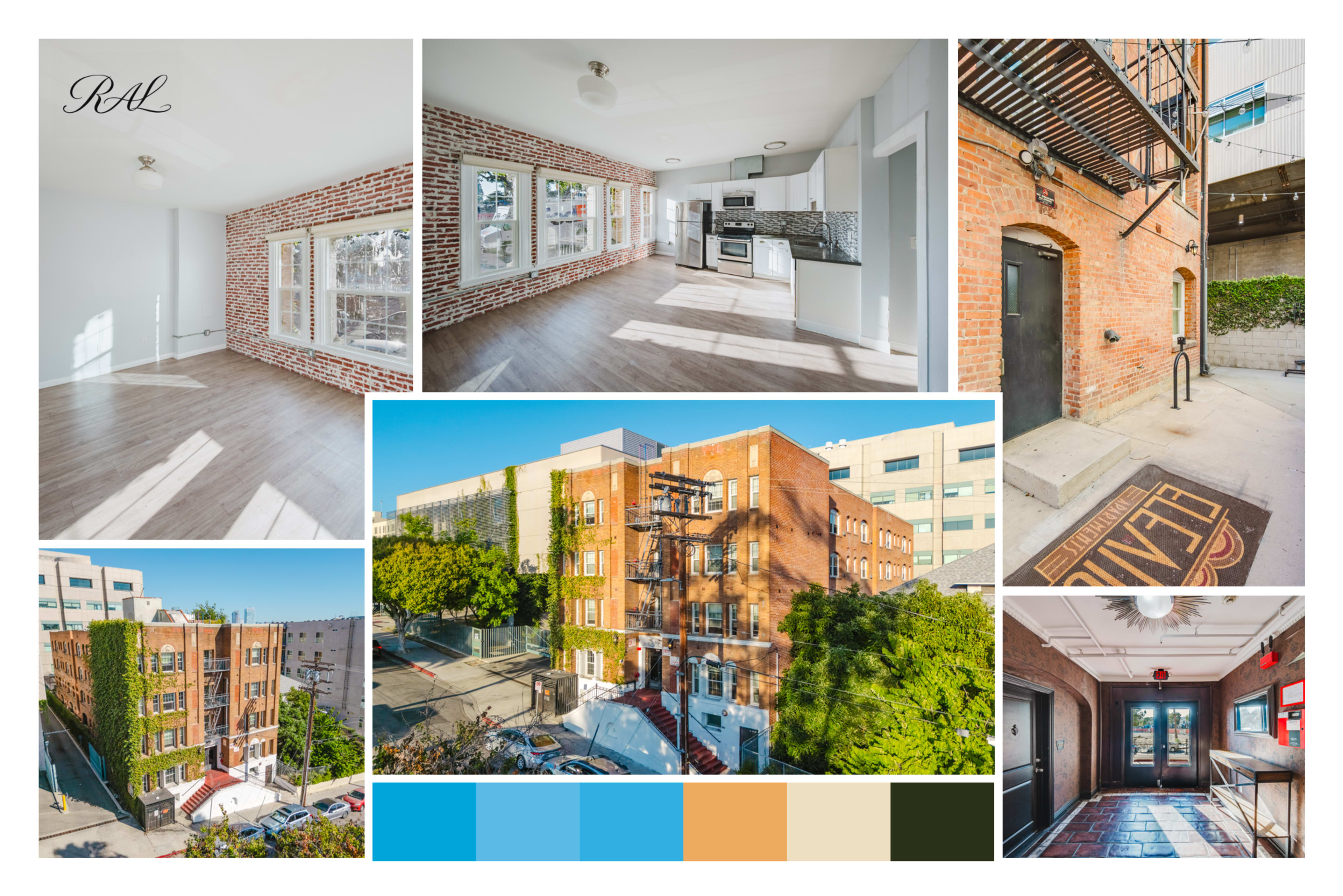 The image features a collage of an apartment interior with brick walls, a modern kitchen, and various exterior views of a building surrounded by greenery.