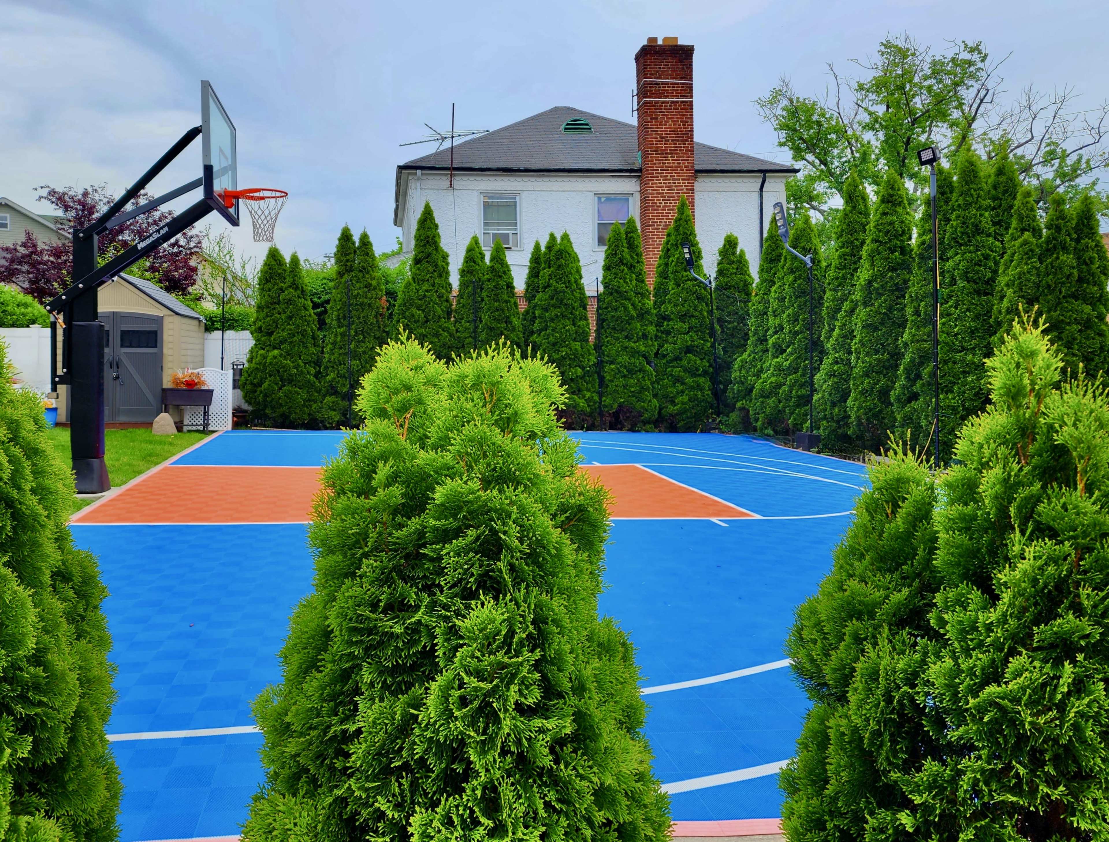A vibrant outdoor basketball court, framed by tall evergreen trees, is set against a residential backdrop with a house and chimney.